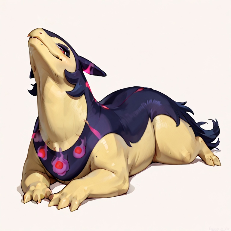 masterpiece,(hisuian typhlosion:1.1),best quality,feral,solo,full body,simple background,pokemon \(creature\),<lora:hisuian typhlosion XL:1>,5 finger,3toes,score_9,score_8_up,score_7_up,from_below,on stomach,seductive_smile,