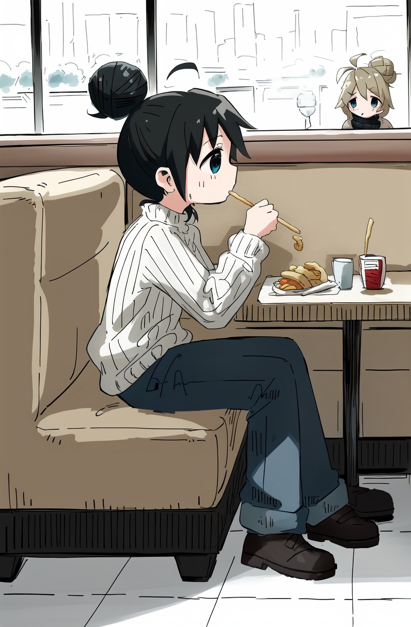 masterpiece,best quality,absurdres,2girls,sweater,single hair bun,restaurant,sitting,turtleneck,indoors,food,black hair,blonde hair,turtleneck sweater,french fries,skirt,hair bun,profile,brown hair,black eyes,blue eyes,hair ornament,sketch,pants,long skirt,long sleeves,ribbed sweater,table,twintails,ahoge,shoes,drinking straw,alternate costume,crowd,couch,