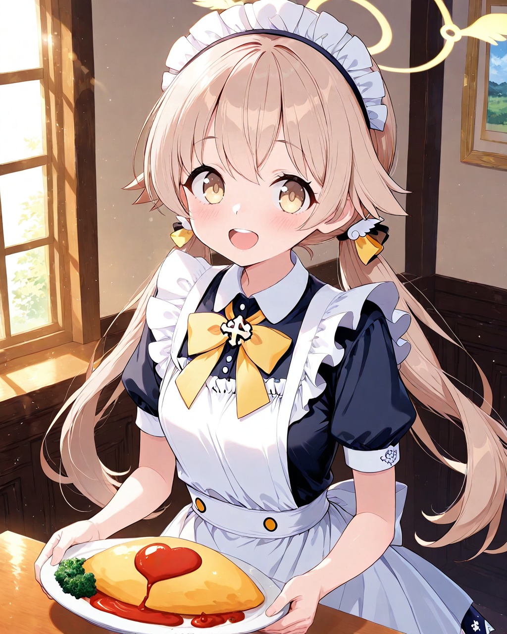 O,ultra detailed anime texture,1girl, omurice, omelet, hifumi (blue archive), twintails, solo, halo, food, short sleeves, holding, long hair, plate, ketchup, bow, low twintails, smile, yellow eyes, looking at viewer, puffy sleeves, open mouth, holding plate, blush, bangs, light brown hair, apron, stuffed toy, alternate costume, indoors, :d, shirt, hair between eyes, puffy short sleeves, yellow bow, maid, frills, bowtie, window, upper teeth only, black shirt, skirt, white skirt, ribbon,(UHD),anatomically correct,accurate,textured skin,super detail,high details,award winning,best quality,high quality,retinal,HD,16k,1080P,