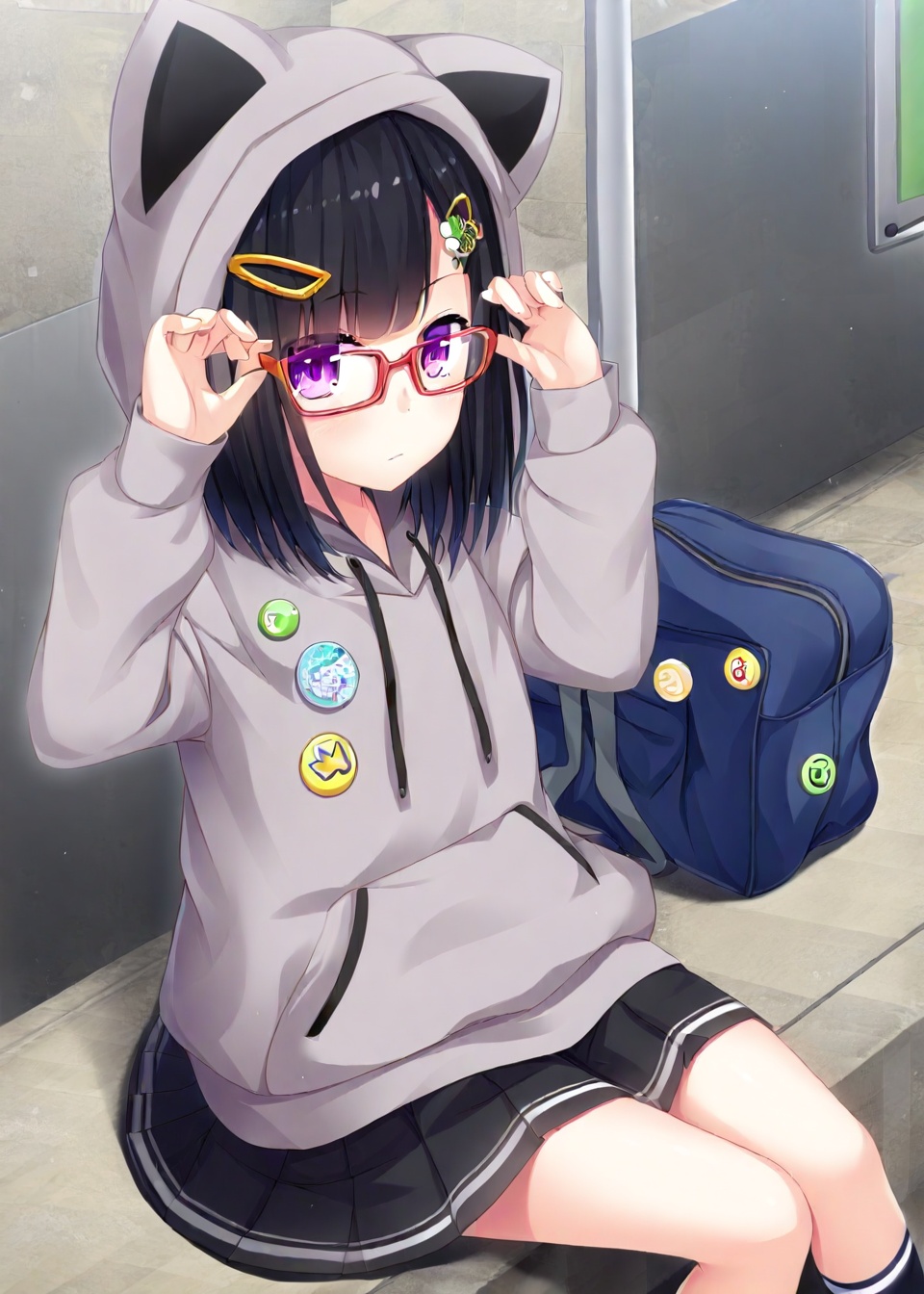 1girl,solo,hood,black hair,glasses,skirt,animal hood,bag,sitting,looking at viewer,long sleeves,purple eyes,pleated skirt,hoodie,black skirt,red-framed eyewear,hair ornament,hairclip,button badge,socks,closed mouth,
