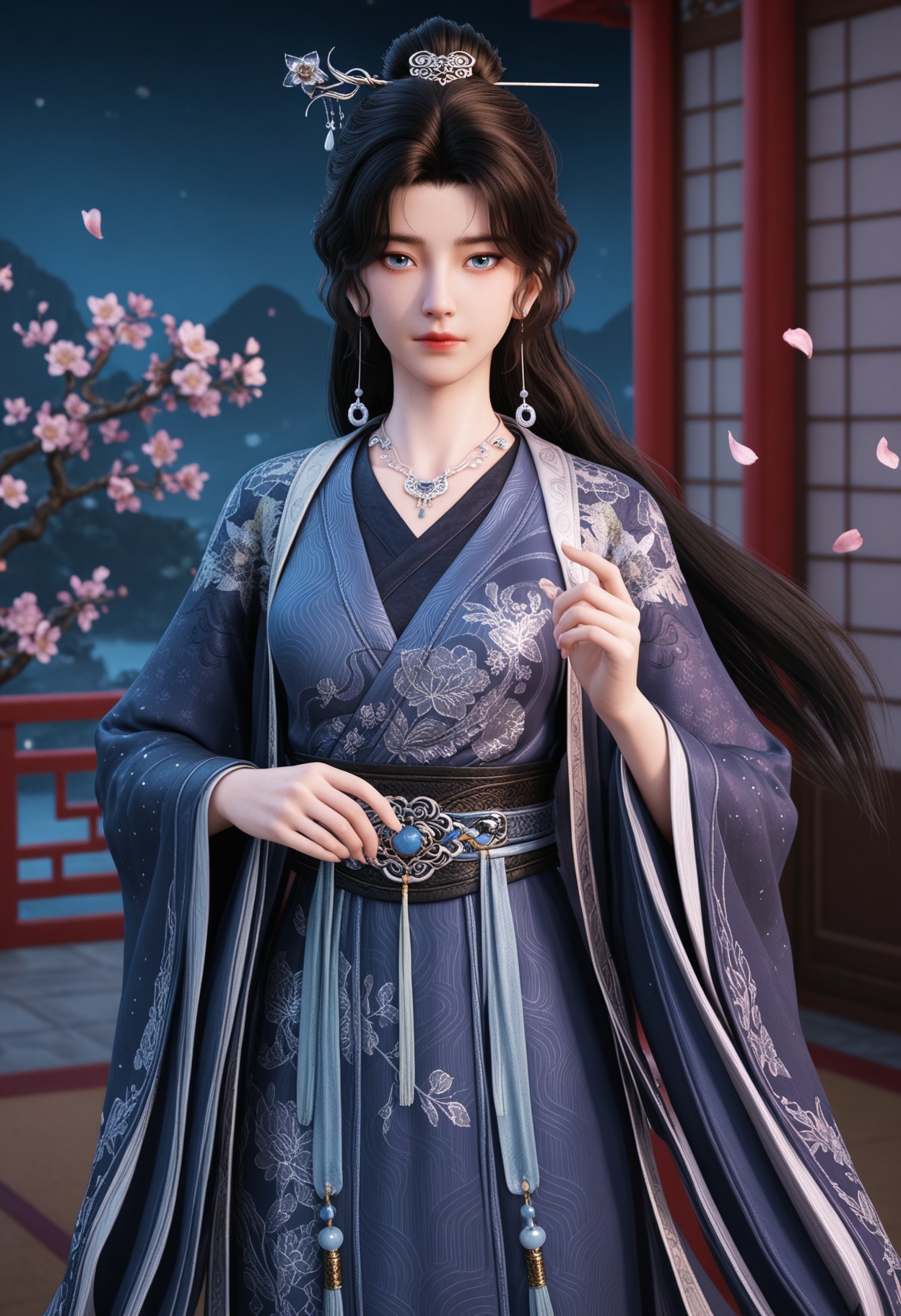 (cowboy shot:1.2),(looking at viewer:1.1),masterpiece,(best quality),smog,Dark room,dim lighting,peach blossom,falling petals,<lora:YQ_Illustrious光辉v5_宋馀_长春宫长老_V1:0.8>,q1528437228,1girl,solo,long hair,black hair,jewelry,necklace,earrings,hair ornament,chinese clothes,hair bun,hair stick,long sleeves,hanfu,blue eyes,wide sleeves,sash,dress,single hair bun,brown hair,blue dress,