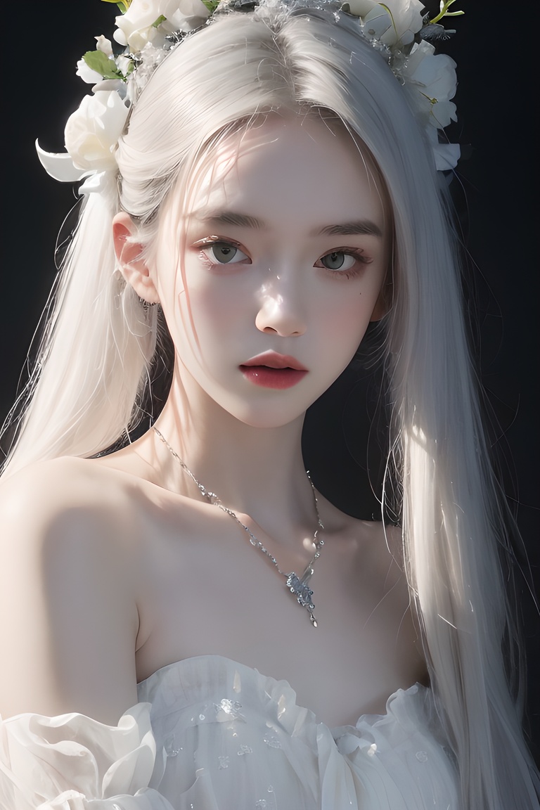 1girl, white_flower, flower, solo, long_hair, upper_body, looking_at_viewer, hair_ornament, breasts, bare_shoulders, necklace, parted_lips, lips, white_hair, snowflakes, medium_breasts, beautiful girl, <lora:anime-girl_gf33:0.69>, <lora:meinv123:0.2>