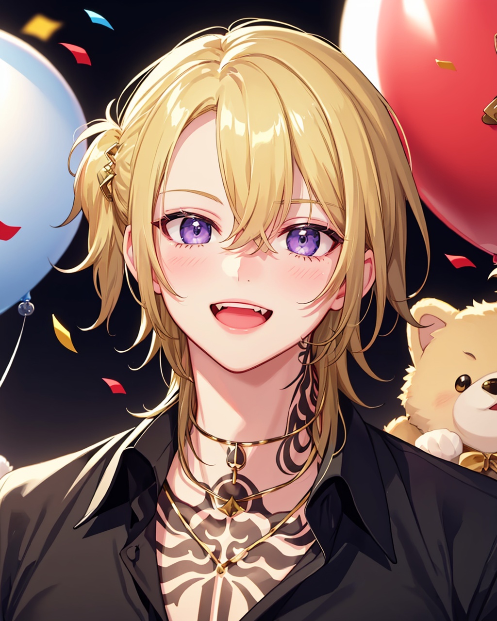 masterpiece,best quality, highly detailed, luca kaneshiro,1boy, virtual youtuber, male focus, short sidetail, balloon, black gloves, open mouth, confetti, black shirt, solo, looking at viewer, holding, hair ornament, stuffed animal, collared shirt, upper body, teeth, depth of field, blurry background, chest tattoo, :d, blush stickers,<lora:luca_kaneshiro:1>