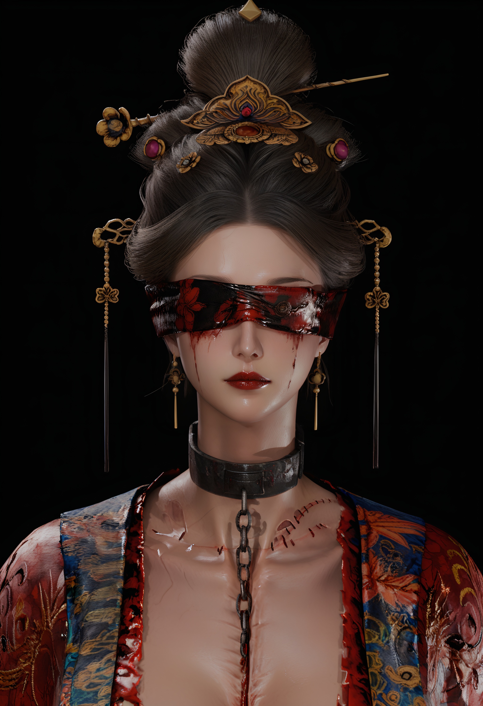 (score_9),front view,upper body,(glamor:1.2),(mature_female),collarbone,blindfold,solo,<lora:明末完美新娘-apony:0.85>,monster girl,hair ornament,updo,kanzashi,blood,tassel hair ornament,earrings,black hair,red robe,chain collar,stitches,open robe,cuts,BREAK(dark_skin),light_skin,(Cinematic Lighting:1.1),simple background,black background,