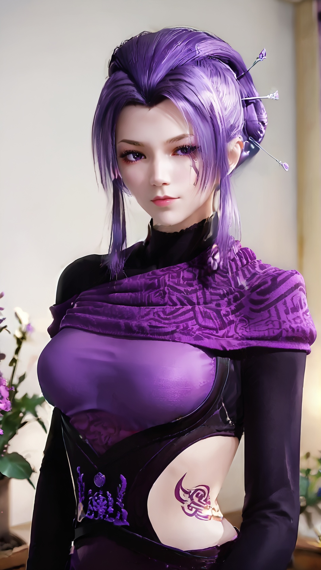 The image is a digital illustration of a young woman with purple hair. She is standing in a room with a white wall and a plant in the background. The woman is wearing a purple and black outfit with a high neckline and long sleeves. She has a large purple scarf draped over her shoulders and a tattoo on her chest. Her hair is styled in a sleek, straight look and she is looking off to the side with a serious expression on her face. The overall mood of the image is dark and mysterious..,<lora:pony紫女:0.8>,