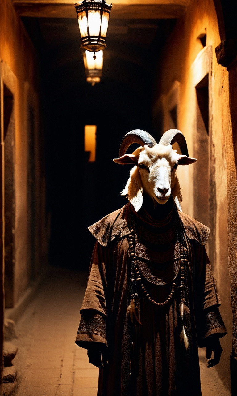 cinematic photo ghost, supernatural theme, eerie atmosphere, dim lighting, goat head mask, traditional costume, feathers, dread, ancient architecture, shadowy corridor, cultural symbolism, psychological horror, warm color tones, mysterious figure, folklore, suspenseful. <lora:Horror_ghost:0.8>,  . 35mm photograph, film, bokeh, professional, 4k, highly detailed