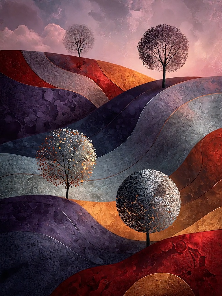 Bradhamel art style. A stylized abstract landscape painting featuring rolling hills in layered,  textured bands of deep pu...