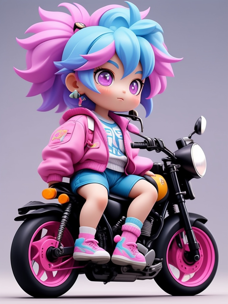 kawj,chibi,1girl, solo, ground vehicle, shorts, motor vehicle, shoes, jacket, earrings, jewelry, multicolored hair, helmet, ponytail, bag, blue hair, gradient hair, helmet removed, blue shorts, sneakers, socks, long sleeves, pink footwear, purple eyes, full body, pink hair, hair ornament, motorcycle, sweater, backpack, pink jacket, 