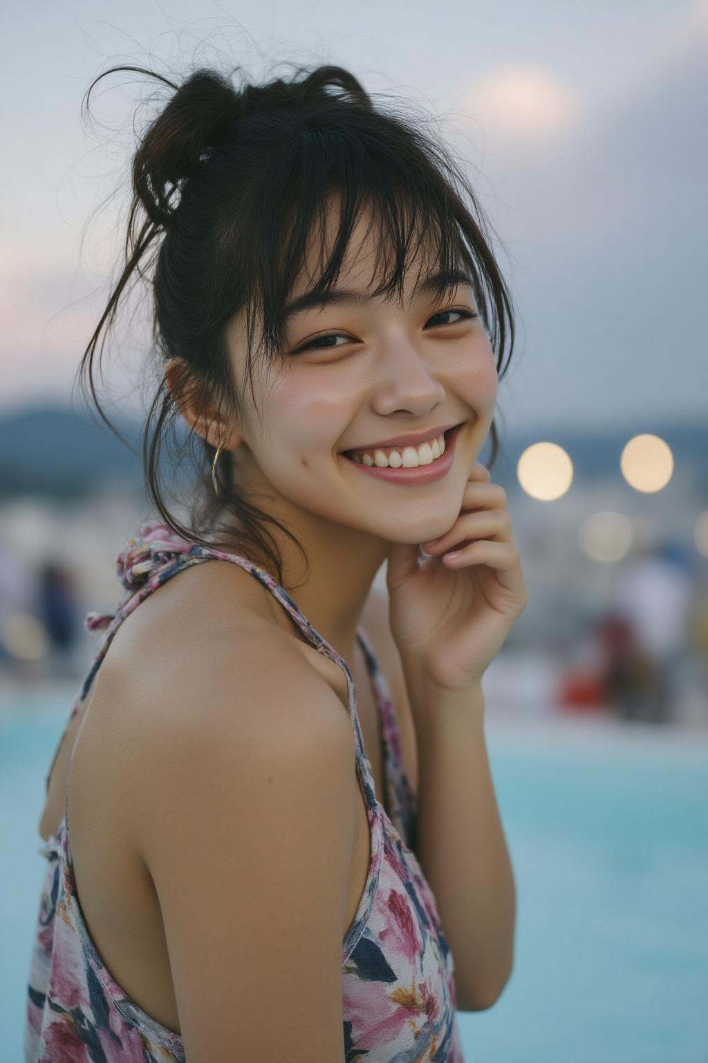 midjourney photograph.Close-up of an 18yo Japanese girl with dark hair styled in a messy bun wears a sleeveless top with a...