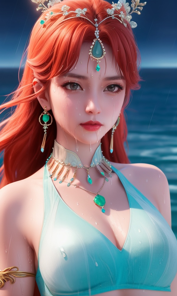<lora:368-DA-沧元图-柳七月-凤凰变身:0.6>,(,1girl, ,best quality, ),looking at viewer, ,ultra detailed 8k cg, ultra detailed background, ultra realistic 8k cg,  ,masterpiece((((1girl, solo,  , ,solo focus, wet,sweat, ocean,rain, water drop, )))) (, , sweatdrop, flying sweatdrops, sweating profusely,colorful drop \(module\), ) flawless, clean, masterpiece, professional artwork, famous artwork, cinematic lighting, cinematic bloom,  dreamlike, unreal, science fiction, luxury, jewelry, diamond, gold, pearl, gem, sapphire, ruby, emerald, intricate detail, delicate pattern, charming, alluring, seductive, erotic, enchanting, hair ornament, necklace, earrings, bracelet, armlet,halo,