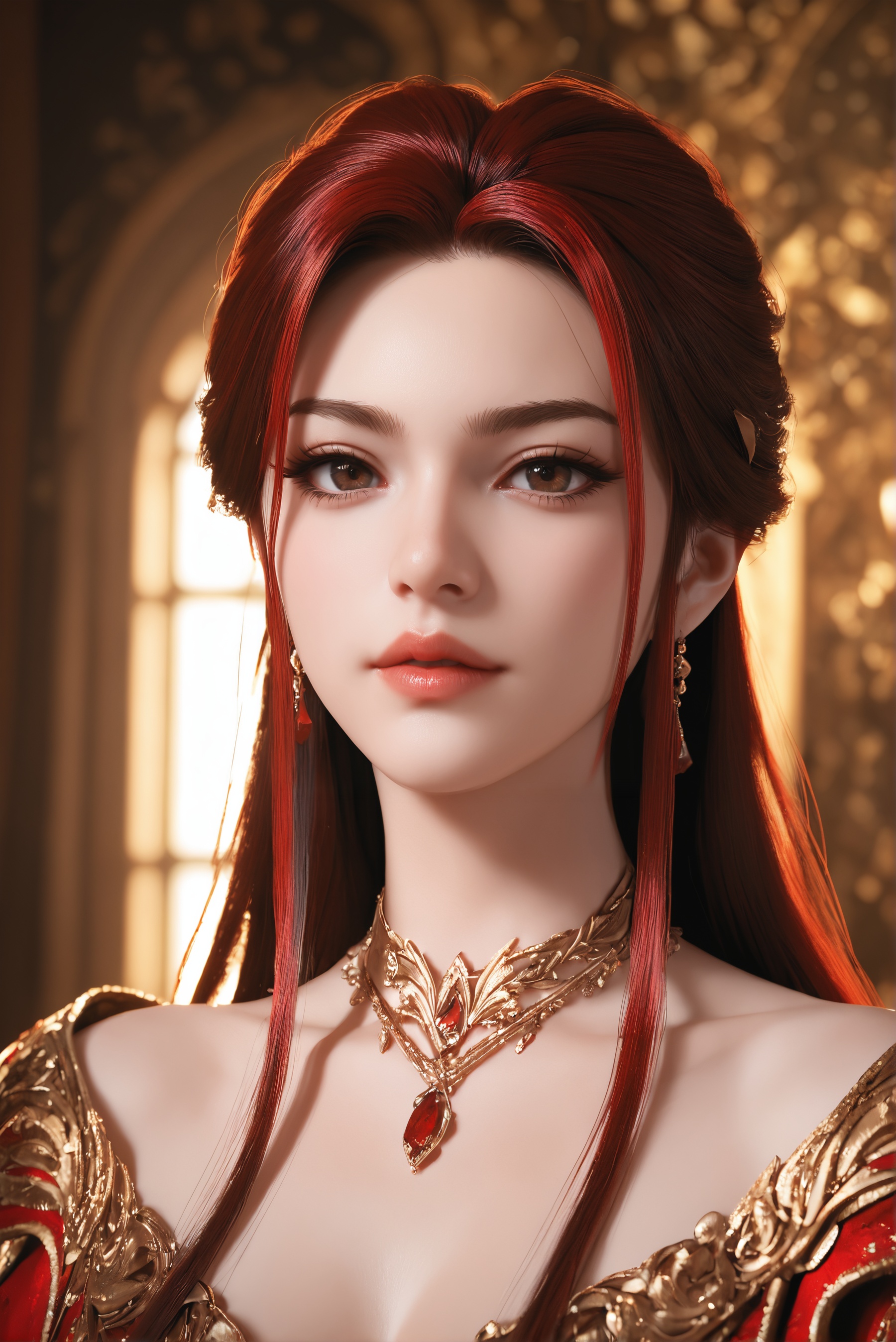 score_9,perfect lighting,score_8_up,score_7_up,best quality,masterpiece,high resolution,flawless skin,sharp focus,1girl,solo,<lora:赵襄儿-女皇:0.7>,jewelry,long hair,red hair,portrait,brown eyes,official alternate costume,