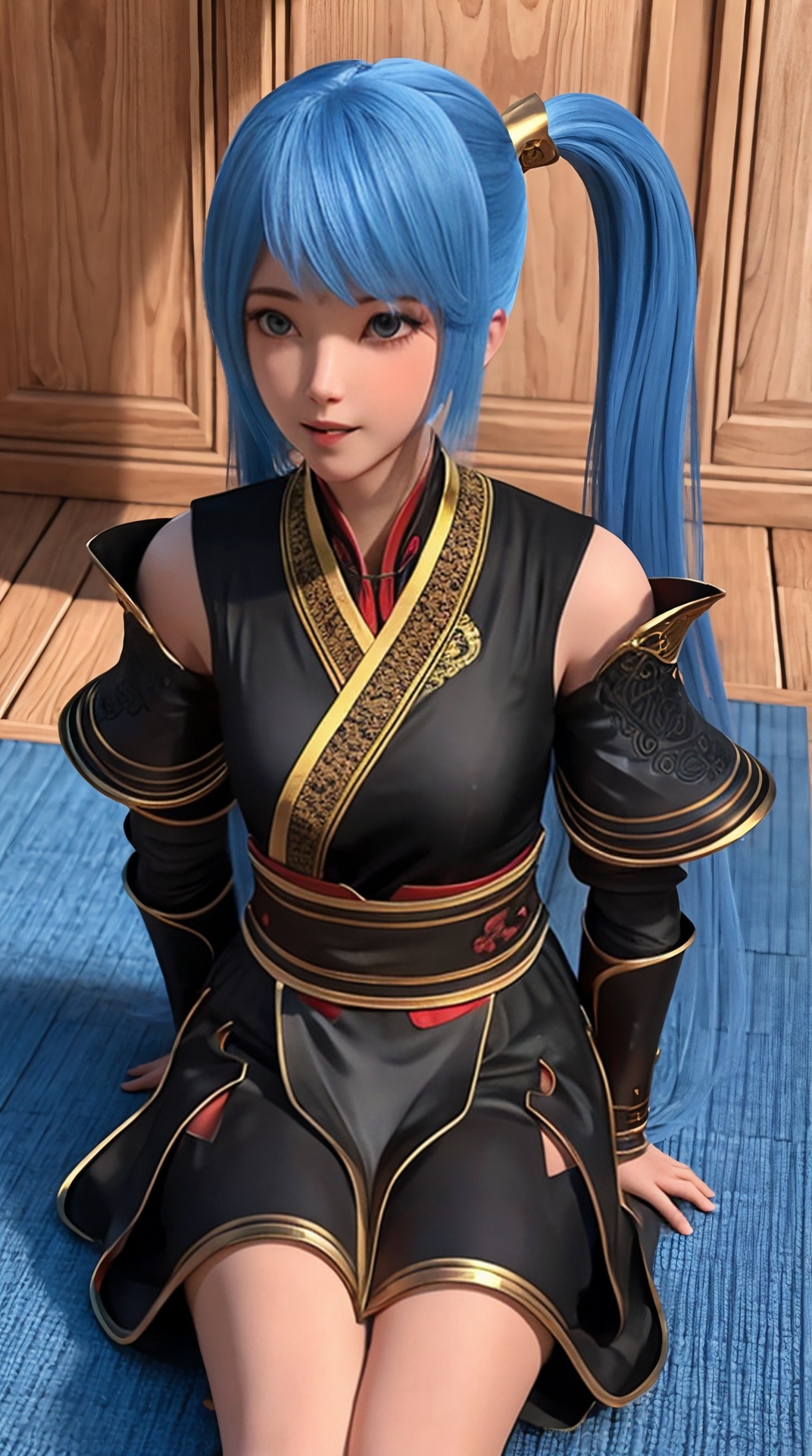 A girl,Blue hair,Long hair,Double ponytail,Sitting on the carpet,Looking at the viewer,,<lora:32378d092aaccb013329285f6643c9cffc6f0b8899367b6c0e20e144c5f3bfd4:0.7>