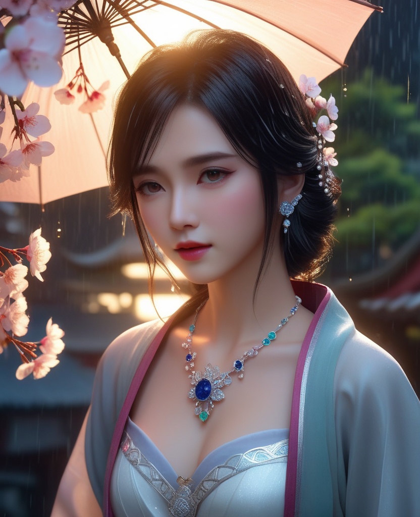 <lora:585-DA-XL-眷思量-璎陌:0.8>(,1girl, ,best quality, ),looking at viewer,  ,,ultra detailed 8k cg, ultra detailed background ,ultra realistic 8k cg,          cinematic lighting, cinematic bloom, (( , )),,  , unreal, science fiction,  luxury, jewelry, diamond, pearl, gem, sapphire, ruby, emerald, intricate detail, delicate pattern, charming, alluring, seductive, erotic, enchanting, hair ornament, necklace, earrings, bracelet, armlet,halo,masterpiece, (( , )),, realistic,science fiction,mole,   ,cherry blossoms,,(((Best quality, masterpiece, ultra high res, (photorealistic:1.4), raw photo, 1girl, ,rain, , sunlight, sunset, qianqiu wanxia,     )))  (cleavage), (),