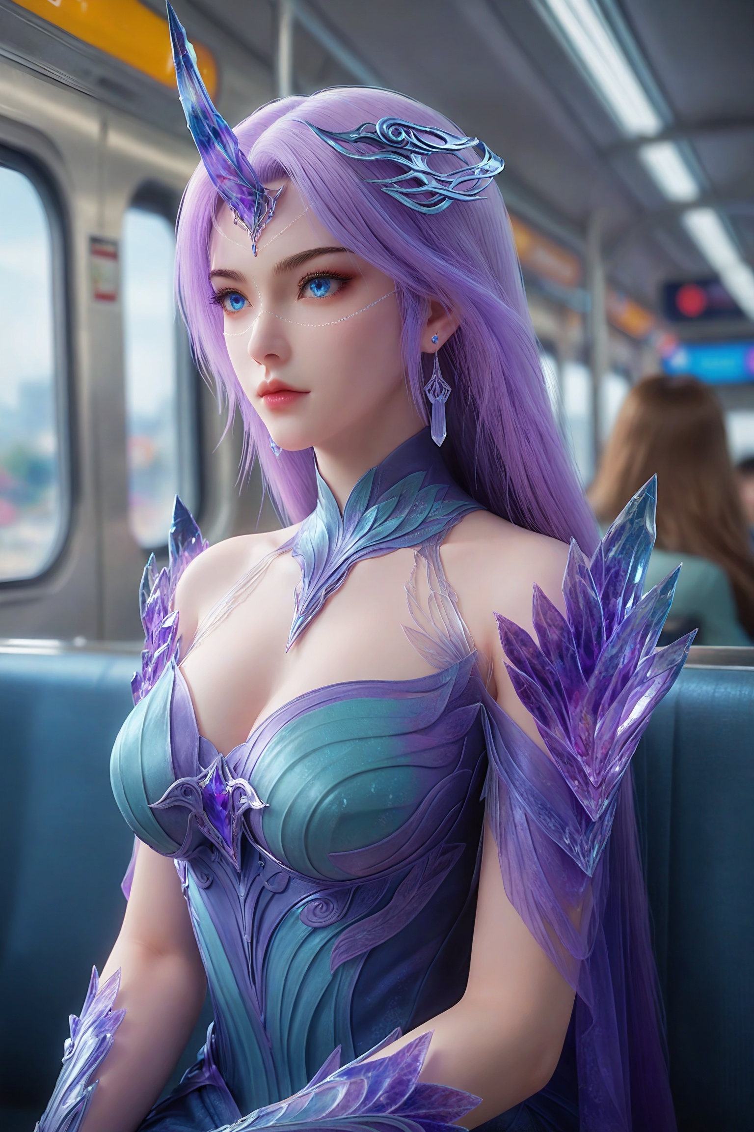 solo,1girl,fsolo focus,(perfect_anatomy:1.1),(upper_body:1.2),(portrait:1.1),sitting,(train_interior:1.1),(blurry_background:1.2),score_9,<lora:e7635b:0.6>,long,flowing lavender hair,piercing blue eyes,an ornate,ethereal purple and blue gown that resembles a mix of armor and flowing fabric,adorned with intricate,crystalline patterns and feathers,spiraled horn,