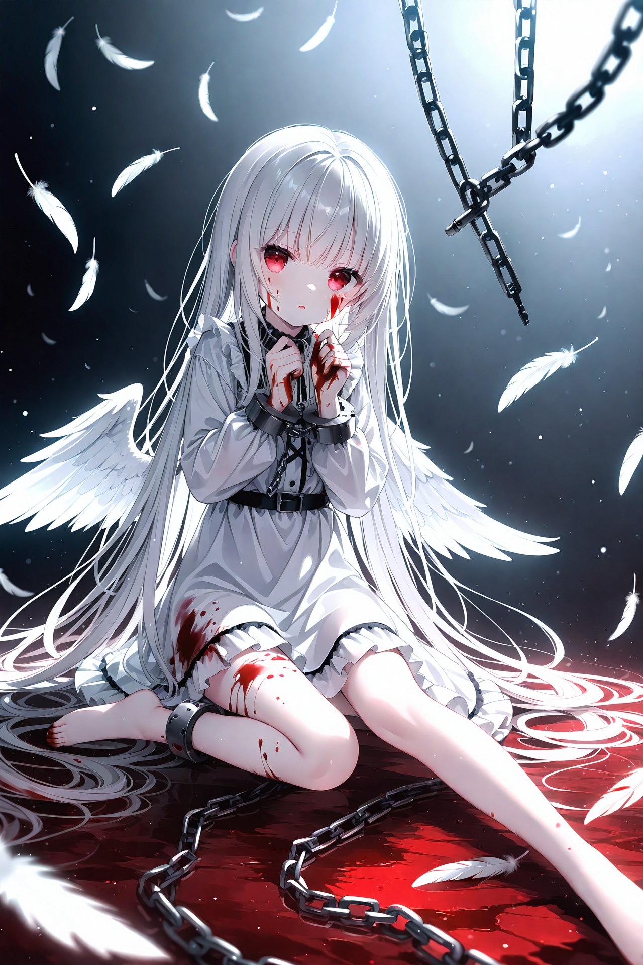 (masterpiece),(best quality),illustration,ultra detailed,hdr,Depth of field,(colorful),loli,1girl,solo,wings,blood,long hair,sitting,chain,red eyes,blood on hands,feathered wings,barefoot,blood on face,blood from eyes,dress,long sleeves,cuffs,feathers,frills,looking at viewer,very long hair,white wings,bandages,shackles,bangs,