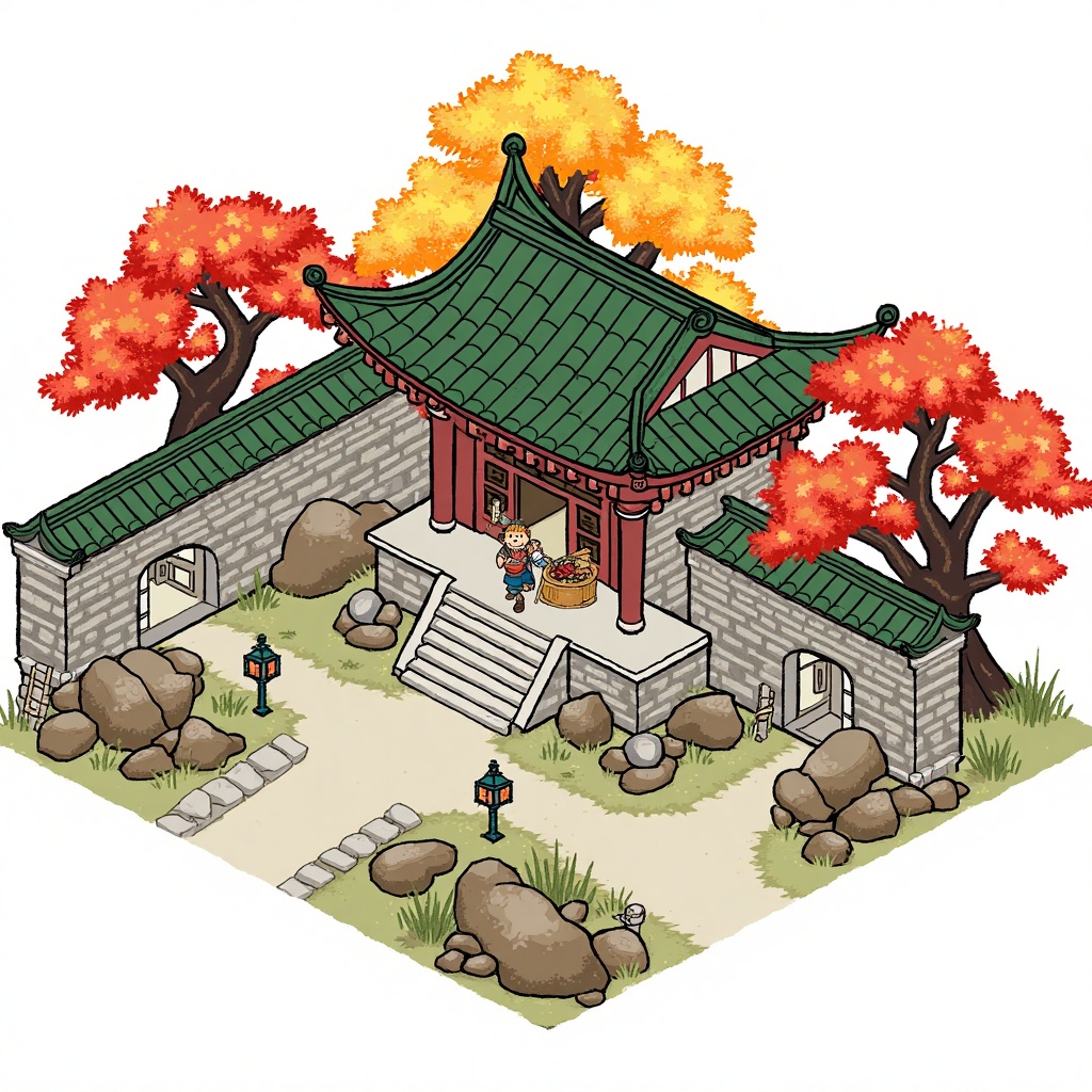 This is a detailed digital drawing of a traditional East Asian temple with a green-tiled roof and stone walls, surrounded by vibrant autumn trees with red and yellow leaves. A stone path leads to the entrance, where a person in traditional attire carries a basket. The scene is set in a serene, landscaped garden with rocks and lanterns.