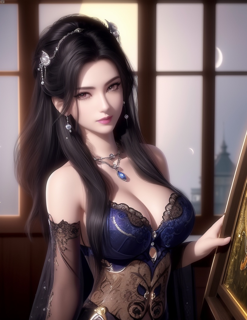 ultra realistic 8k cg, picture-perfect face, flawless, clean, masterpiece, professional artwork, famous artwork, cinematic lighting, cinematic bloom, perfect face, beautiful face, fantasy, dreamlike, unreal, science fiction,  beautiful clothes, lace, lace trim, lace-trimmed legwear,  (rich:1.4), prestige, luxury, jewelry, diamond, gold, pearl, gem, sapphire, ruby, emerald, intricate detail, delicate pattern, charming, alluring, seductive, erotic, enchanting, hair ornament, necklace, earrings, bracelet, armlet,halo((,1girl, pov,))(((,window, 1girl, solo, moon, breasts, indoors, cleavage, black_hair, round_window, hair_ornament, long_hair, jewelry,looking at viewer, ))) <lora:DA_CaoNvYao:0.6>