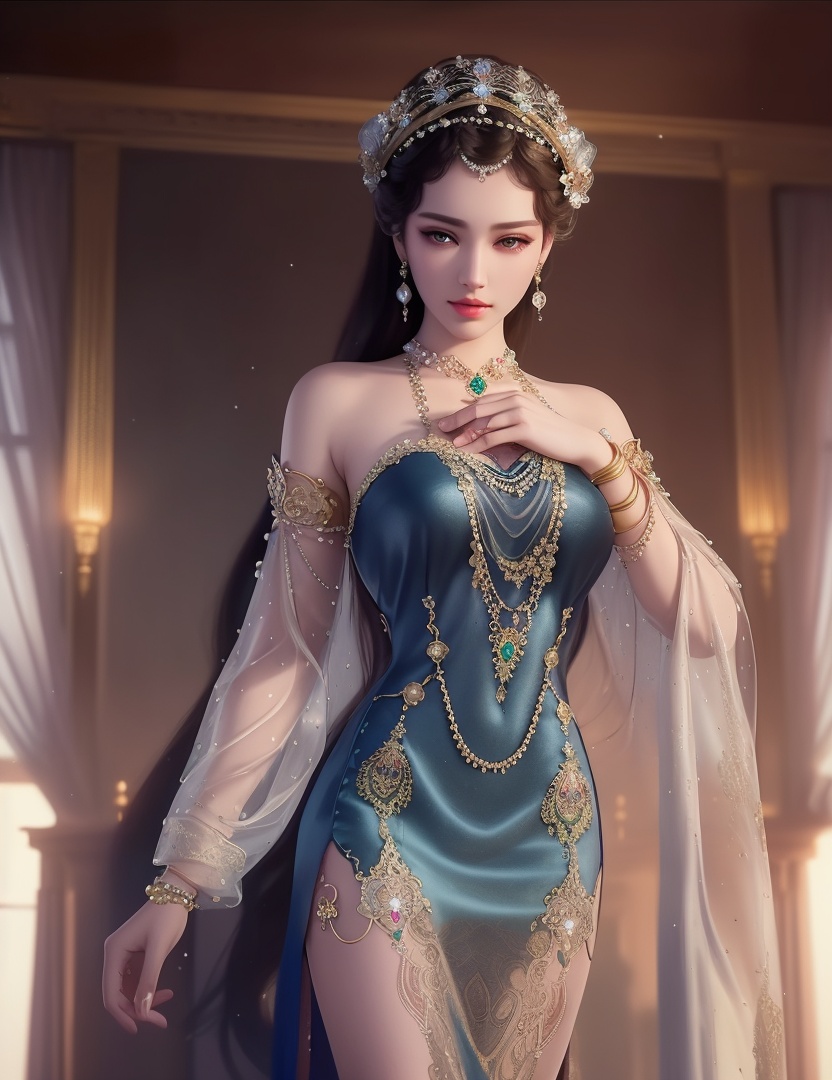 ultra realistic 8k cg, picture-perfect face, flawless, clean, masterpiece, professional artwork, famous artwork, cinematic lighting, cinematic bloom, perfect face, beautiful face, fantasy, dreamlike, unreal, science fiction,  beautiful clothes, lace, lace trim, lace-trimmed legwear,  (rich:1.4), prestige, luxury, jewelry, diamond, gold, pearl, gem, sapphire, ruby, emerald, intricate detail, delicate pattern, charming, alluring, seductive, erotic, enchanting, hair ornament, necklace, earrings, bracelet, armlet,halo((,1girl, pov,))(((,  1girl,  solo,looking at viewer, ))),(((1girl, solo, dress, jewelry)))<lora:DA_WhiteSnakeGreenSnake:0.7>