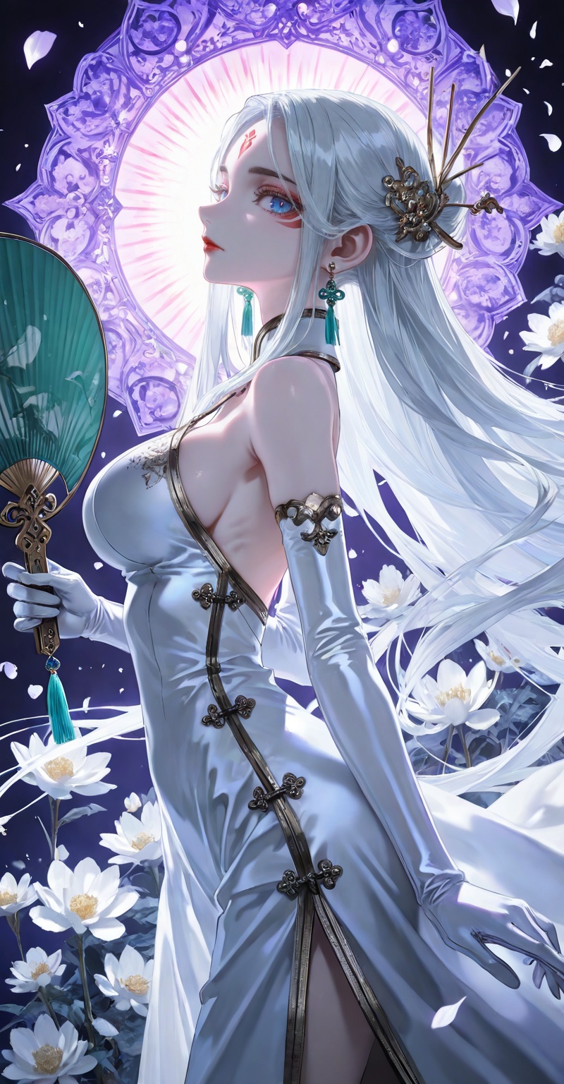 <lora:小白·直发ill-0.0801:0.6>,xiaobai,1girl,solo,facial mark,long hair,white hair,forehead mark,looking at viewer,lips,red lips,blue eyes,large breasts,1girl,Side profile character,solo,the West_dress,elbow_gloves,white dress,(halter_dress:1.1),(Green fan:1.3),solo,jewelry,ribbon,looking at viewer,hair ornament,breasts,holding_fan,petals,earrings,closed mouth,tress ribbon,many white flower,Her eyes gleamed with a purple light,chinese clothes,close-up details,outstanding style,adding a touch of dimension to your images without compromising details,whirls of vapor,iridescent textures,(Anime:1.1),ethereal ambiance,delicate details,magical high-concept,32K UHD,sharp focus,best-quality,masterpiece,golden hour,unconventional supreme masterpiece,masterful details,temperate atmosphere,with a high-end texture,in the style of fashion photography,photography,cover,dynamic angle,dynamic posture,(artist:quasarcake:0.8),extreme aesthetic,(wlop:0.6),(honjou raita, lack, rella:0.5, wanke),masterpiece,best quality,good quality,very aesthetic,absurdres,visual impact,a shot with tension,ultra-high resolution,32K UHD,sharp focus,best-quality,masterpiece,emotionalization,unconventional supreme masterpiece,masterful details,temperate atmosphere,with a high-end texture,in the style of fashion photography,(visual impact:1.2),giving the poster a dynamic and visually striking appearance,impactful picture,official art,colorful,splash of color,movie perspective,masterpiece,best quality,amazing quality,very aesthetic,absurdres,best quality,newest,