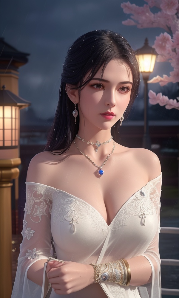 <lora:418-DA-百炼成神-莫雨馨:0.8> ,(,1girl, ,best quality, ),looking at viewer, ,ultra detailed 8k cg, ultra detailed background,  ultra realistic 8k cg,          cinematic lighting, cinematic bloom, (( , )),,  , unreal, science fiction,  luxury, jewelry, diamond, pearl, gem, sapphire, ruby, emerald, intricate detail, delicate pattern, charming, alluring, seductive, erotic, enchanting, hair ornament, necklace, earrings, bracelet, armlet,halo,masterpiece, (( , )),,  ,cherry blossoms,(((, night,night sky,lamppost,  ultra high res, (photorealistic:1.4), raw photo, 1girl, , rain, sweat, ,wet, )))(( , ))   (cleavage), (), 1girl, , , depth_of_field, solo, , ,