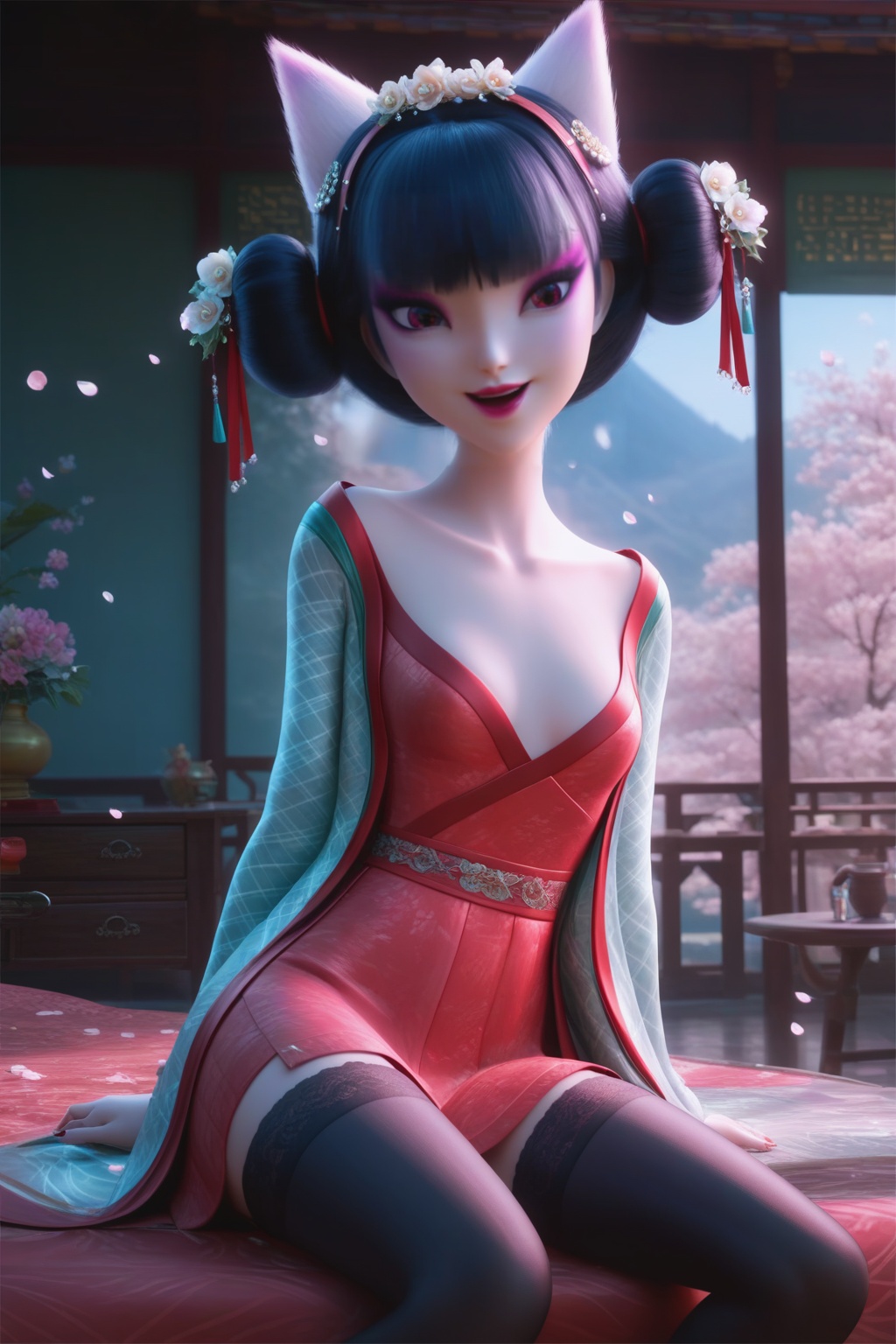 fangzhu,<lora:fangzhuXL:0.6>,kid,sitting, score_9,score_8_up,score_7_up,32K UHD,8k,4k,best quality,extremely detailed cg 8k wallpaper,ultra-detailed,masterpiece,sharp focus,unconventional supreme masterpiece,masterful details,temperate atmosphere,with a high-end texture,translucent,luxurious sharp focus,intense,dynamic cinematic color,intricate detail,located artistic,Fashion and art,elegant and sophisticated,innovative use of light and shadow,decorative,allegorical,symbolic,low saturations,dim lighting,1girl,solo,looking at viewer,{sexy stockings|cowl neck stockings|black stockings|plaid tights|nude stockings|thigh-high socks|leggings|pantyhose|seamless stockings},pale_skin,(shiny_skin:0.8),framed breasts,high detailed skin,petals,day,detailed living room,small breasts,hair ornament,makeup,red eyes,black hair,hair bun,red lips,blunt bangs,bangs,eyeshadow,animal ears,japanese clothes,robe,cowboy shot,