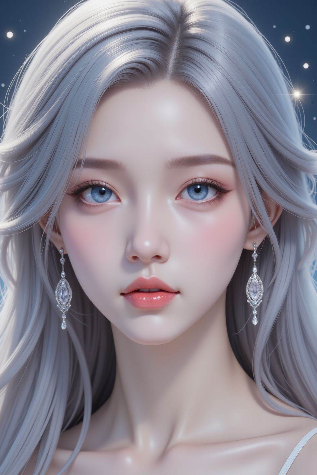 The image depicts a close-up of a young woman with long, flowing silver hair. She has striking blue eyes and is wearing delicate, elegant earrings. Her skin is smooth and fair, with a subtle blush on her cheeks. The background is blurred, giving a soft focus to the subject, and there are small sparkles scattered around, adding a magical or ethereal effect. The overall atmosphere is serene and dreamy.,