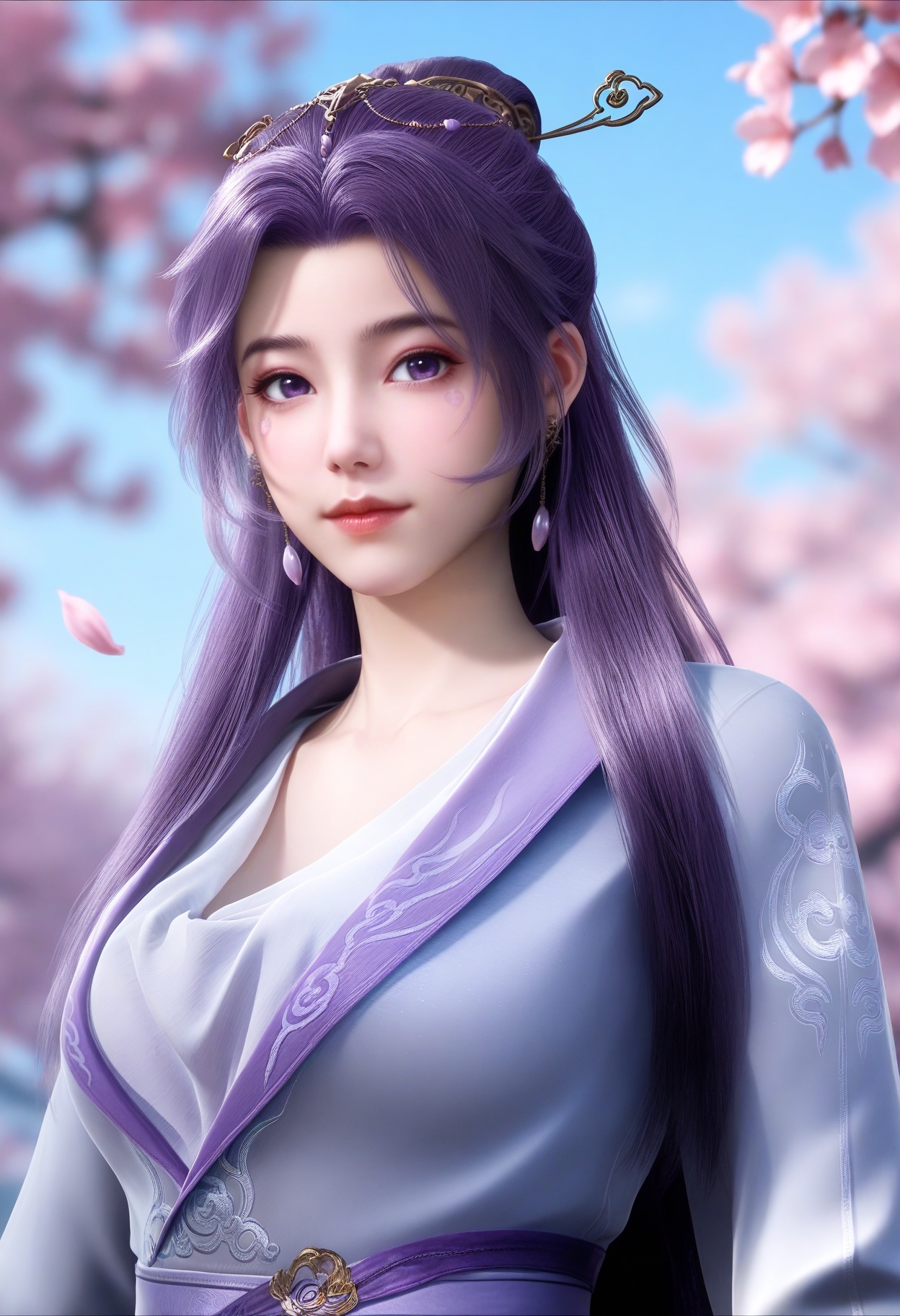 masterpiece,best quality,amazing quality,very aesthetic,high resolution,ultra-detailed,absurdres,scenery,photorealistic,(looking at viewer:1.1),upper body,(moody lighting:1.1),peach blossom,falling petals,(large breasts:0.8),yunxiao,1girl,long hair,solo,purple hair,hair ornament,dress,chinese clothes,jewelry,earrings,purple eyes,closed mouth,hair bun,long sleeves,facial mark,sash,realistic,shoes BREAK photorealistic details,<lora:QQSillyunxiaoV1:0.8>,