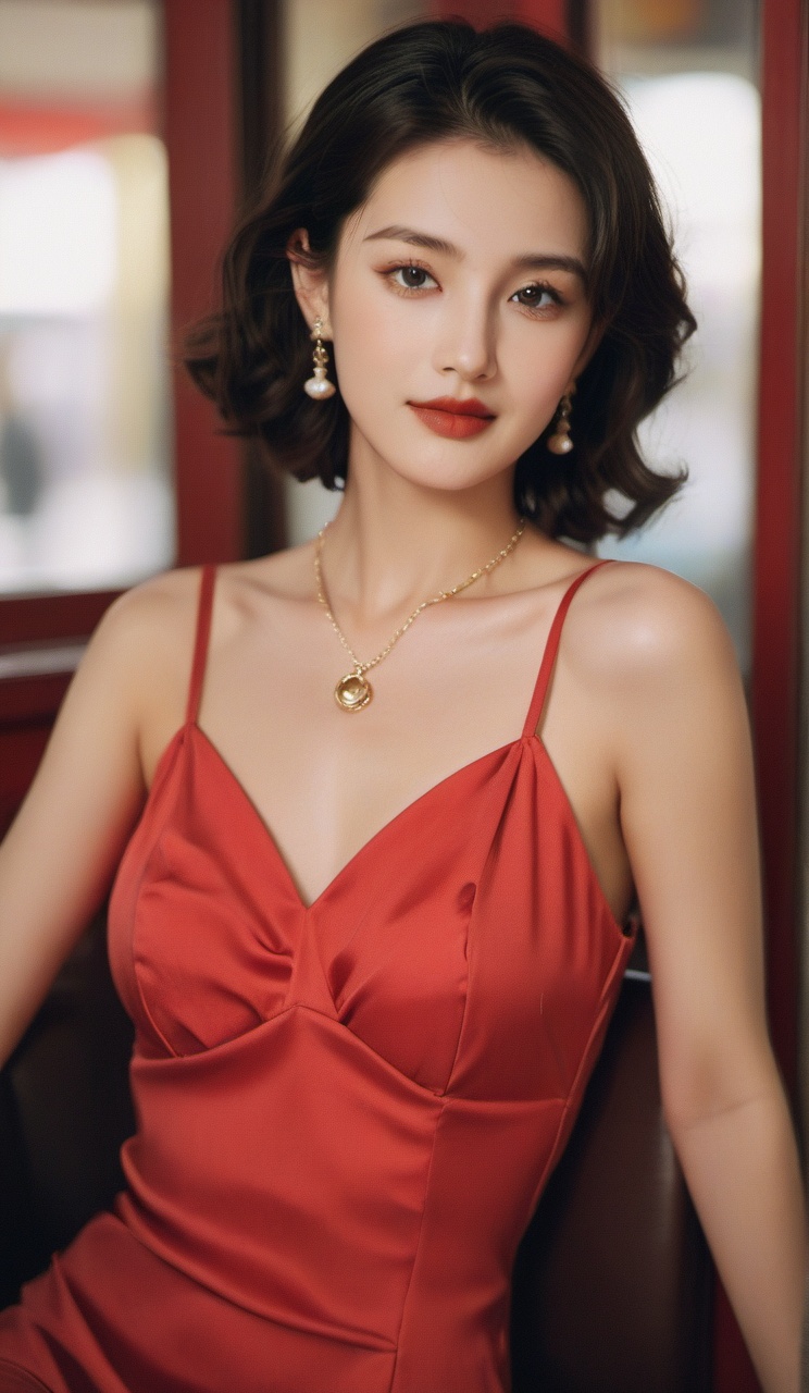 1girl,solo,breasts,looking at viewer,smile,short hair,black hair,dress,cleavage,bare shoulders,brown eyes,jewelry,medium breasts,sitting,collarbone,earrings,small breasts,parted lips,sleeveless,blurry,lips,window,makeup,sleeveless dress,blurry background,halterneck,red dress,lipstick,ground vehicle,motor vehicle,curly hair,realistic,red lips,car,<lora:超现实02-000016:0.7>,