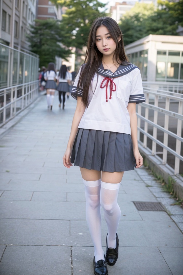 JK,solo,school uniform,1girl,thighhighs,skirt,serafuku,realistic,cosplay,shoes,white thighhighs,long hair,brown hair,<lora:JK_20231201181607-000008:0.7>,