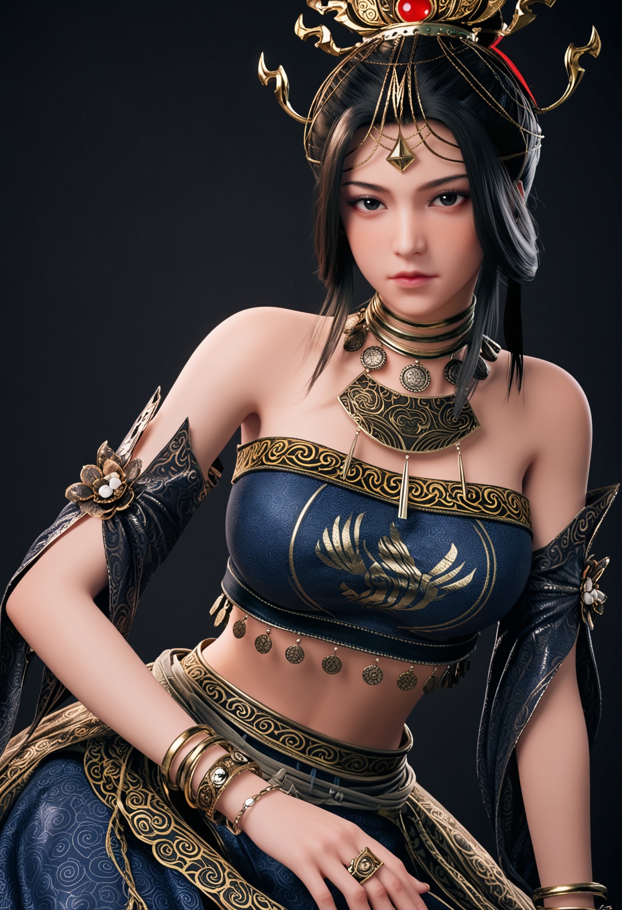 score_9,looking_at_viewer,(upper body:1.1),(large breasts:0.8),1girl,solo,black hair,black eyes,jewelry,bare shoulders,hair ornament,realistic,necklace,closed mouth,lips,midriff,bracelet,hair bun,strapless,dress,long hair,tube top,skirt,high heels,(simple background,pure black background,black background:1.1),perfect_anatomy,<lora:QQSponyhfdiaochanV1:0.8>,