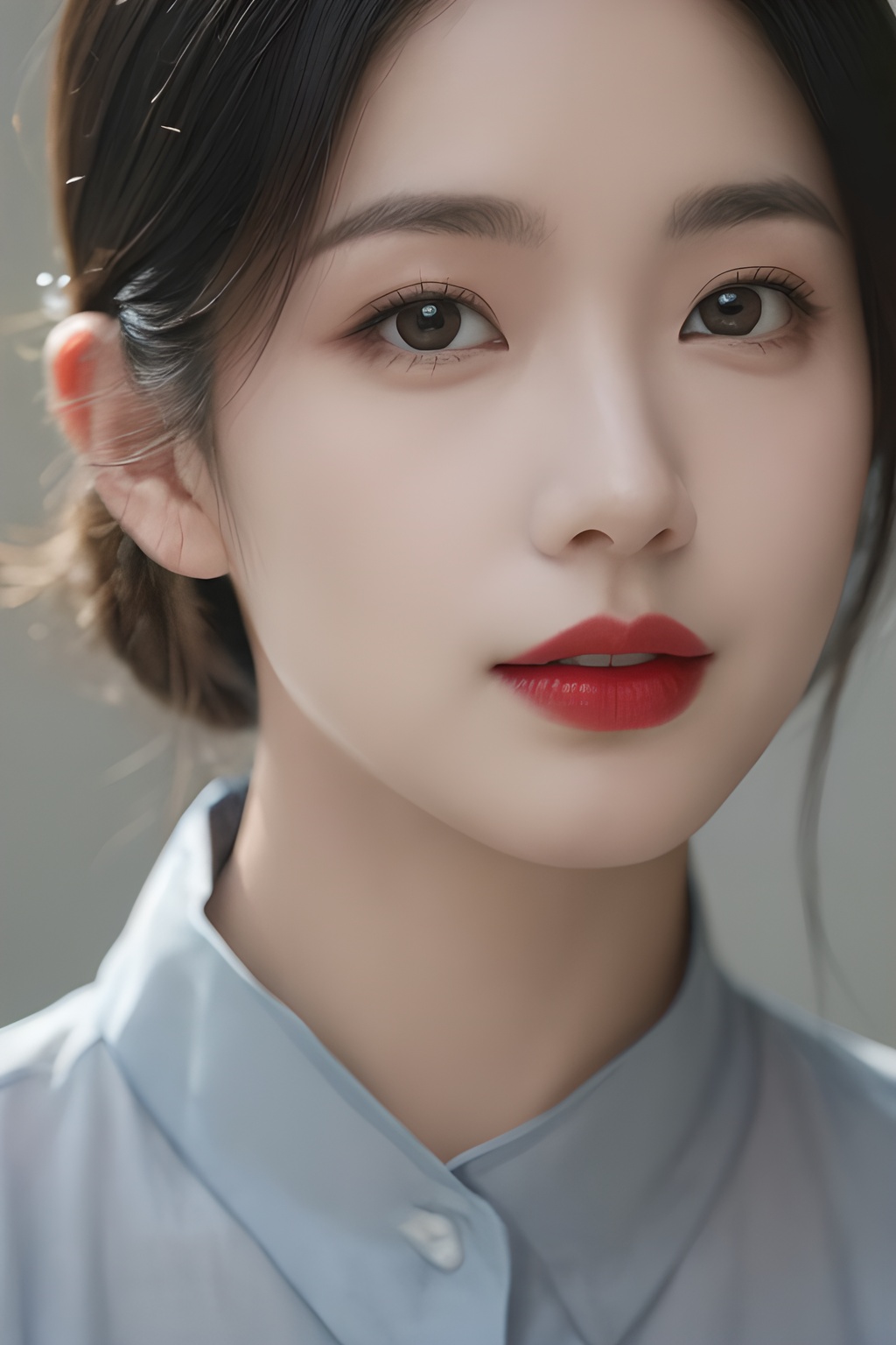 <lora:0805_01:0.7>,mugglelight, there is an asian woman with a red lipstick and a black shirt, solo, male focus, portrait, black hair, black eyes, close-up,, 1girl,realistic,masterpiece, best quality, photorealistic, HDR,detail