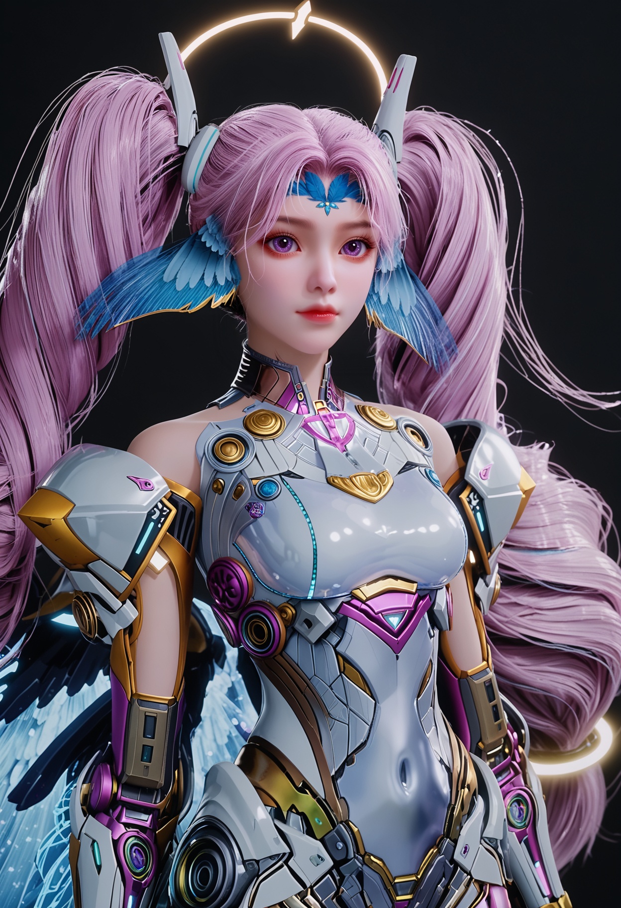 (score_9:1.1),(perfect_anatomy:1.1),upper_body,blurry background,depth of field,(looking_at_viewer:1.1),<lora:YQponyaichenV3:0.8>,1girl,solo,long_hair,pink_hair,twintails,purple_eyes,wings,armor,purple_hair,bodysuit,drill_hair,blue_hair,halo,mechanical_wings,android,multicolored_hair,realistic,robot,science_fiction,bare_shoulders,mecha,bangs,head_wings,blue_eyes,gloves,covered_navel,pink_eyes,alternate_costume,facial_mark,parted_bangs,ponytail,cyborg,headgear,high_heels,robot_joints,feathers,jewelry,(simple background,pure black background,black background:1.3),fair_skin,white_skin,shiny_skin,Ivory_skin,perfect_anatomy BREAK perfect_anatomy,(score_9:1.1),cinematic lighting,volumetric lighting,professional lighting,fair_skin,white_skin,shiny_skin,Ivory_skin,perfect_anatomy,