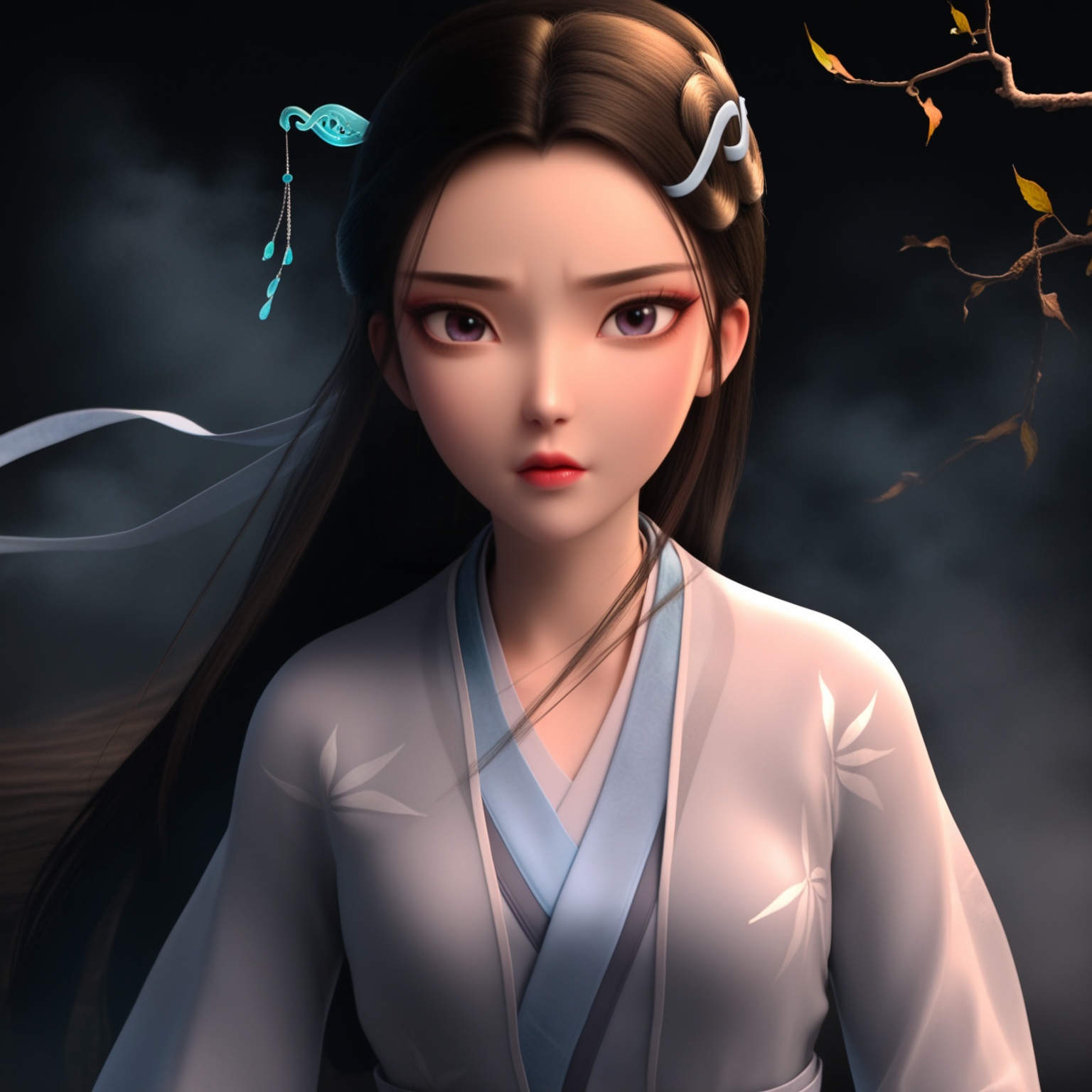 (score_9),masterpiece,best quality,absurdres,highres,(white_skin),light_skin,BREAKcollarbone,<lora:白素贞-ill:0.83>,1girl,solo,long hair,black hair,hair ornament,hairpin,hair ribbon,hanfu,maple leaf print,looking at viewer,front view,light blush,(upper body),BREAKsimple background,black background,rim light,Tyndall effect,Cinematic Lighting,fog,twig,branch,glowing,