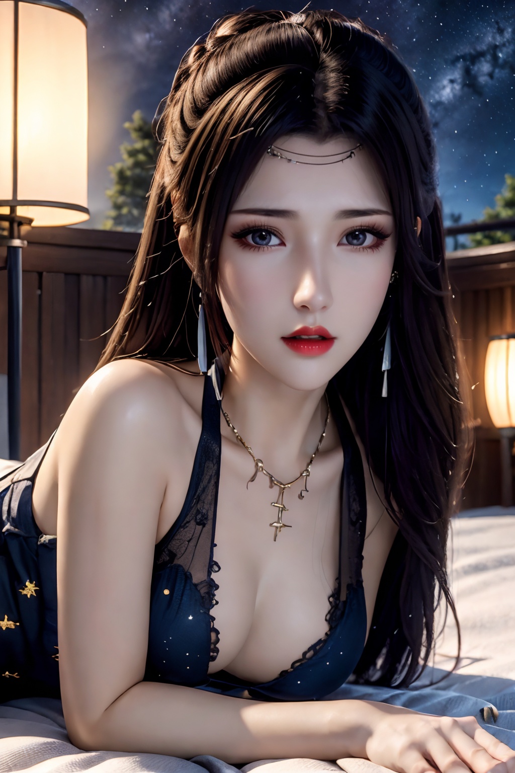 Layla _(genshin_impact_),laiyilalp,1girl,solo,red lips,game cg,upper body,outdoors,yellow eyes,night,starry sky,stars,the milky way,lie down,lie,lying,<lora:YUNYUN_20240519003719-000006:0.8>,