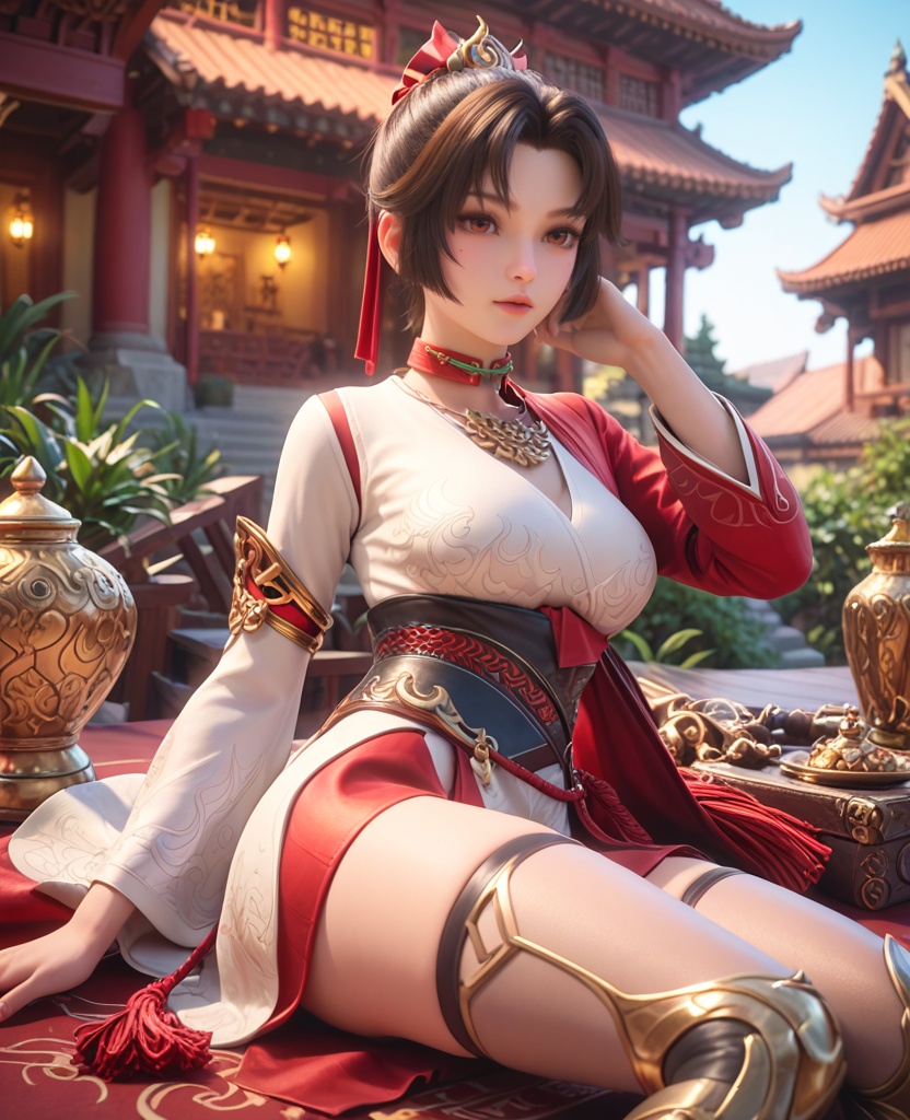 (oriental architecture, elegant decor, sophisticated style:1.1),(Lying down on the back, gazing at the sky,:1.1),(large breasts:1.2),<lora:XL王者荣耀云缨:0.8>,miss yunying,red paired with white short kimono,black hair,short ponytail,bangs,red eyes,choker,hair ornament,sash,jewelry,tassel,lips,black thighhighs,greaves,, score_9,score_8_up,score_7_up,score_6_up,score_5_up,score_4_up,3d rendering,tag1,tag2, Cinematic Lighting,backlighting,, zPDXL3, zPDXL2,zPDXL, zPDXLxxx, zPDXLrl,
