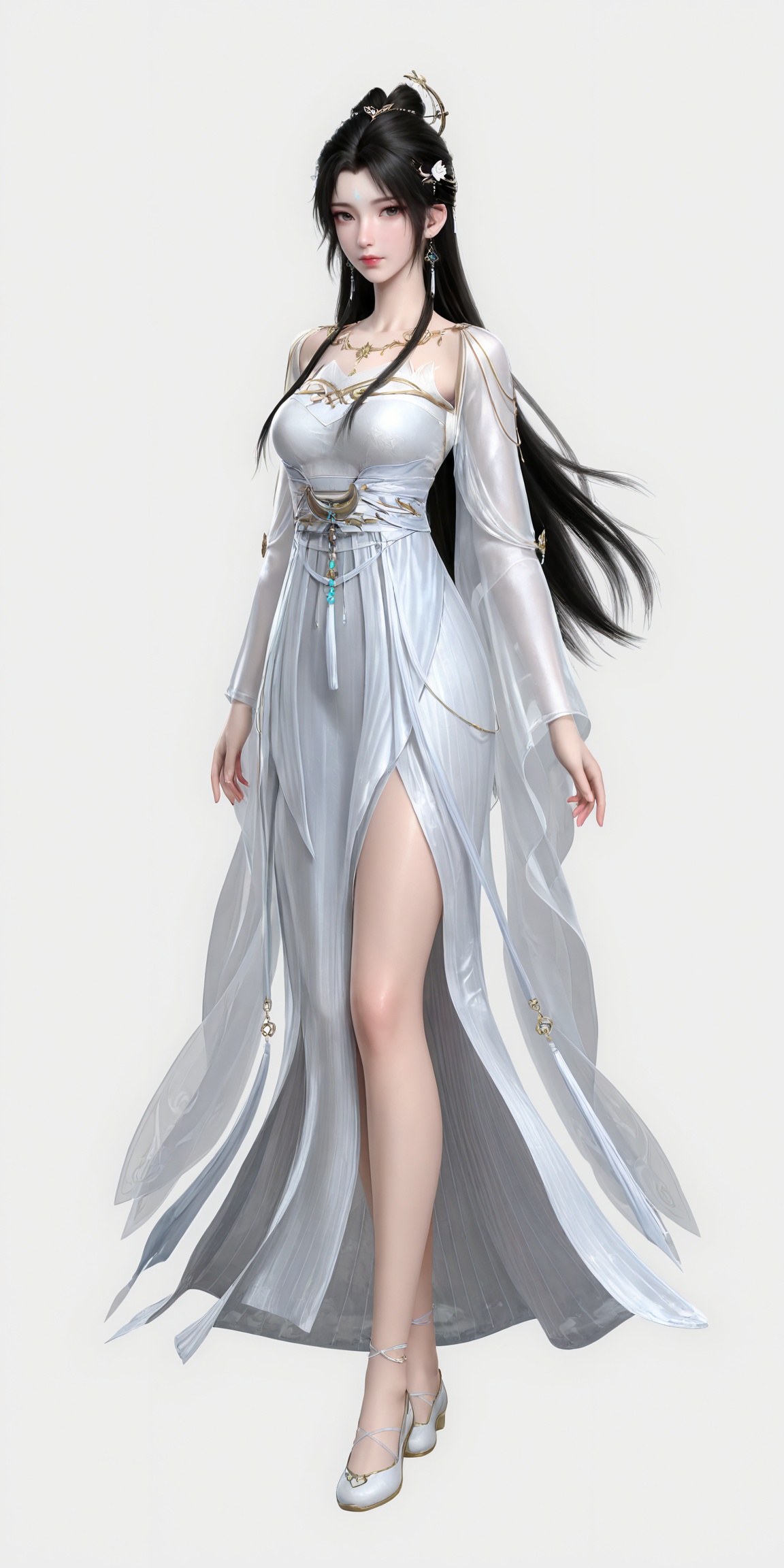 masterpiece,high quality,tall,game cg,highres,(soft light:1.2),white_skin,(shiny_skin:0.6),(realistic:1.1),lvjing,<lora:清漪:0.6>,qingyi,1girl,solo,earrings,jewelry,hair ornament,hair_bun,long hair,closed mouth,portrait,forehead mark,facial mark,black hair,looking_at_viewer,white_background,simple background,legs,long legs,white footwear,full body,