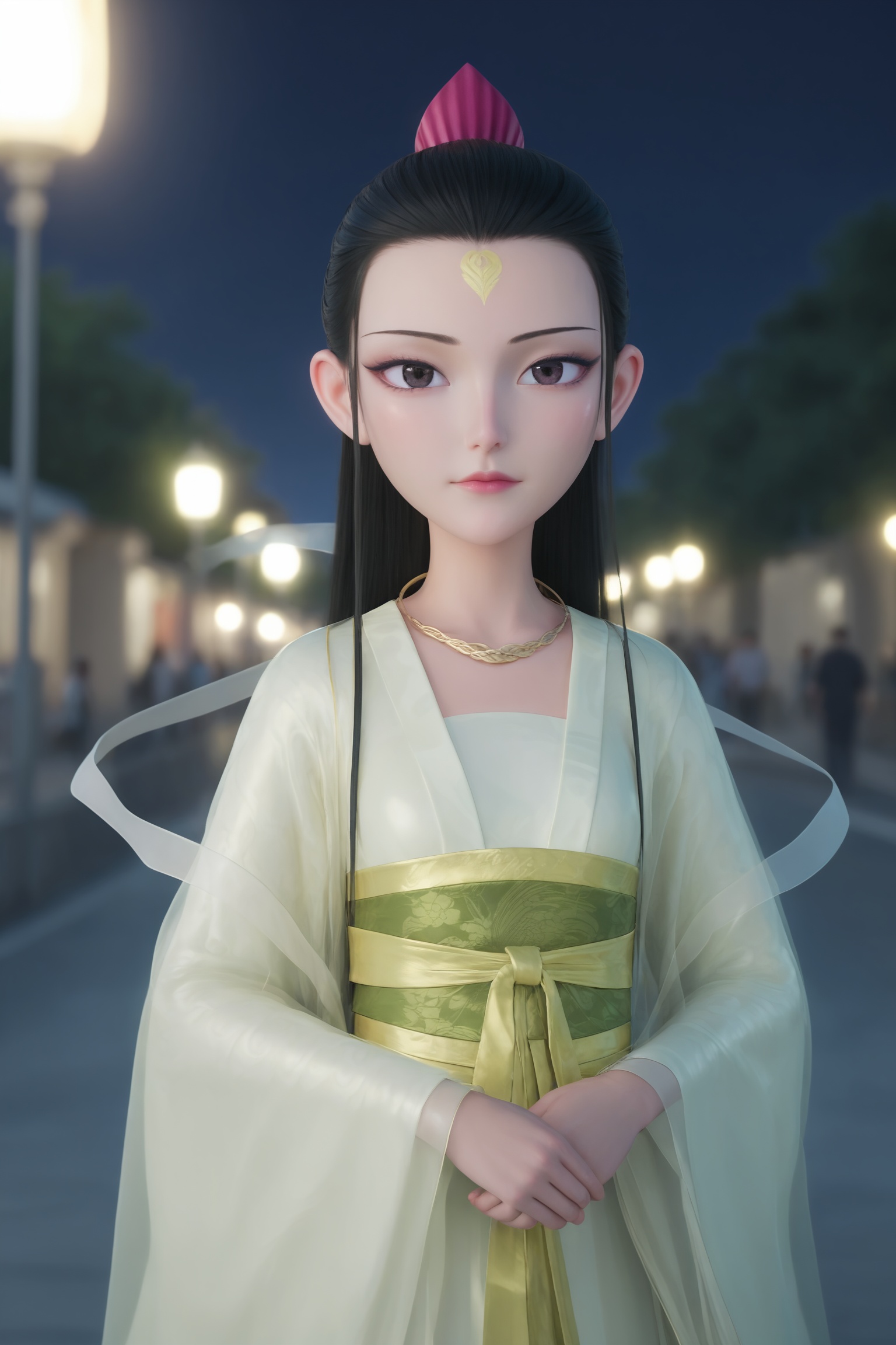 <lora:魔童闹海-鹤童Pony2:0.7> 1girl,long,straight black hair,pink hairpin,flowing,off-white silk kimono with intricate floral patterns,golden and green sash,gold embroidery,voluminous sleeves,A white ribbon floated out from both sleeves,green shoes,, 1girl,solo,shiny,shiny_hair,upper_body,fair_skin,white_skin,shiny_skin,shiny,Ivory_skin,looking at viewer,cinematic lighting,volumetric lighting,solo focus,blurry background,depth of field,night,sky,night sky,full moon,moonlight,