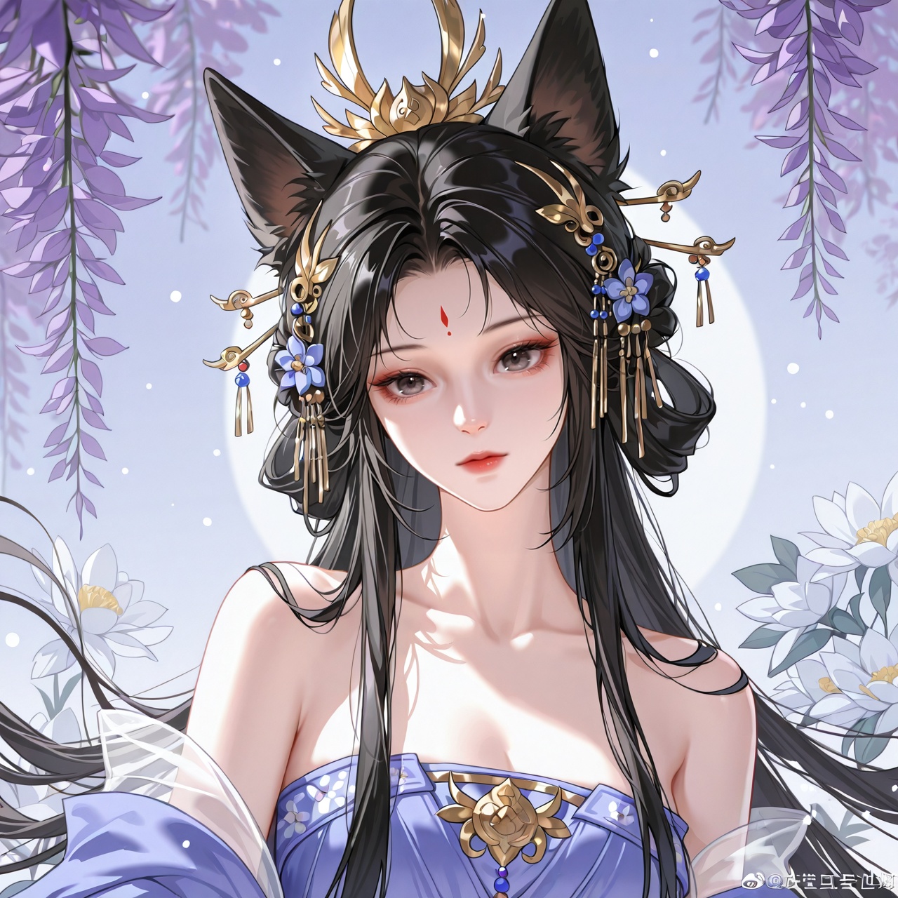 touxiang, 1girl, facial mark, long hair, forehead mark, solo, hair ornament, flower, dress, black hair, animal ears, upper body, bare shoulders,<lora:touxiang_ill:0.8>,