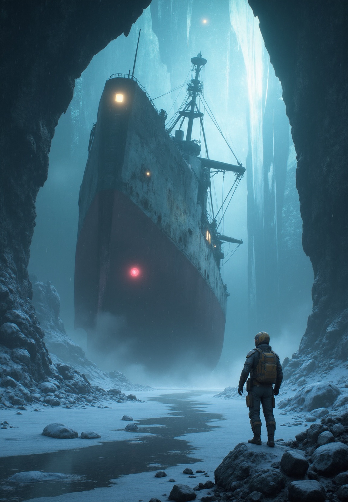 escimo gazes up at a colossal icebreaker ship that is captured in ice. The scene unfolds with meticulous attention to deta...