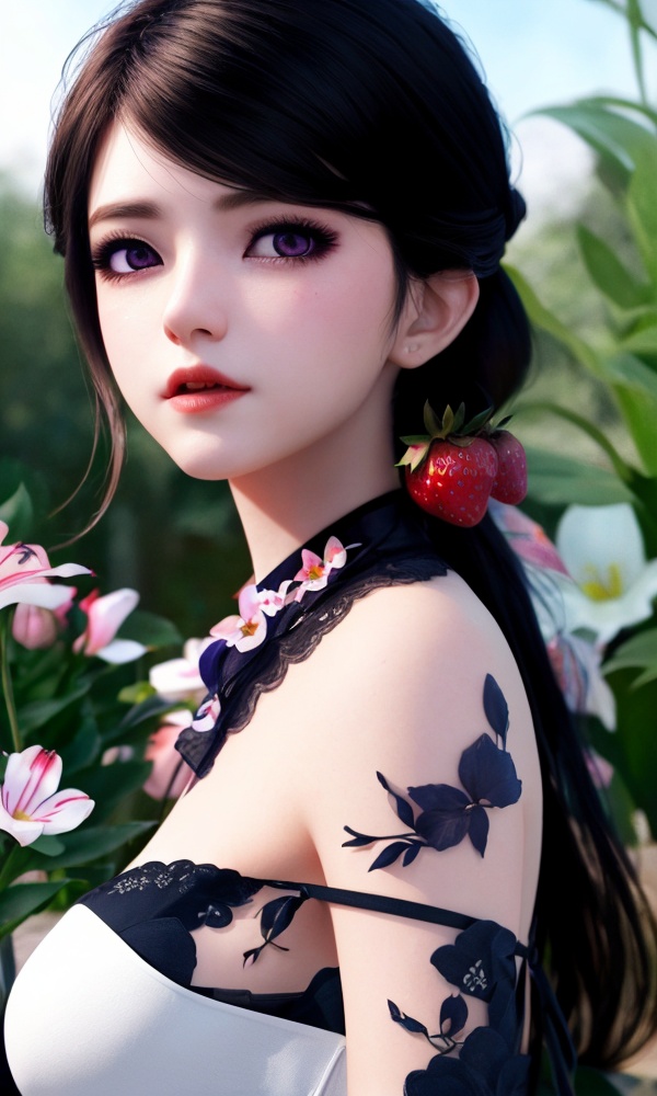 (,1girl, ,best quality, )<lora:365-DA-梦塔·雪谜城-艾妙妙:0.6>,ultra detailed background,ultra detailed background,ultra realistic 8k cg, , ,masterpiece, (( , )),, ultra realistic 8k cg, ,tamari \(flawless\),     ,lily \(flower\) ,full moon ,strawberry blossoms      (()), (),