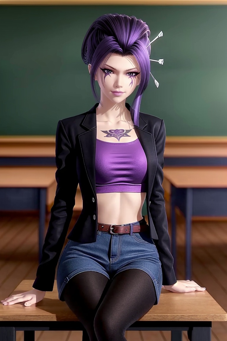 ((HRD, HUD, 8K)),((masterpiece, best quality)), highly detailed, soft light,1girl, solo, purple hair, hair ornament, hair stick, purple eyes, makeup, facial mark, scar, lips, lipstick,tattoo, (t-shirt:1.2), (blazer:1.2), denim shorts, black pantyhose, blurry background, classroom, chalkboard, sitting, cowboy shot, looking at viewer, <lora:20240501-1714526892402:0.7>
