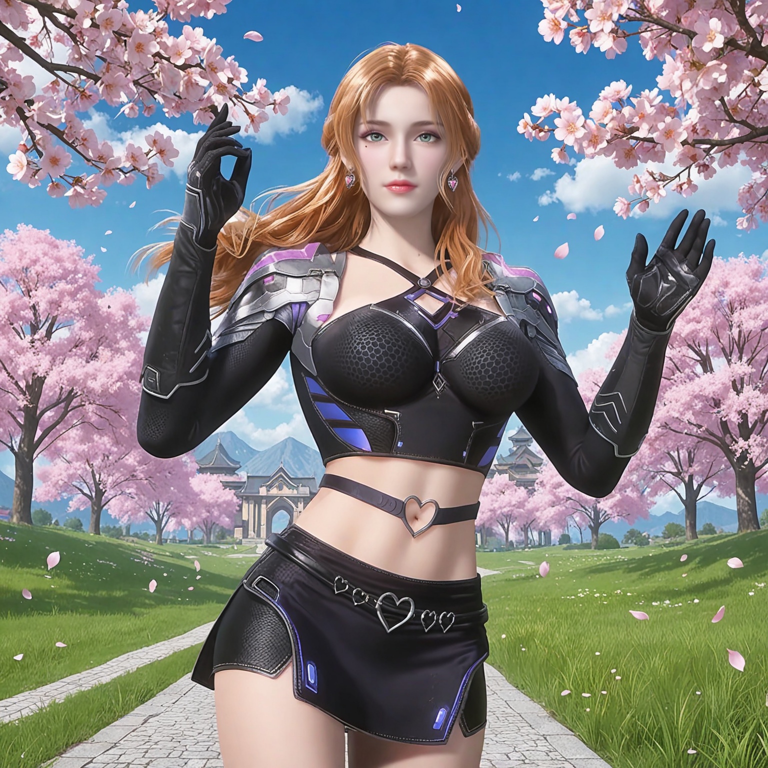 (masterpiece:1.1),(best quality:1.2),perfect anatomy,(very aesthetic:1.1),(8k:1.1),(upper_body:1.1),looking_at_viewer,fantasy,dreamlike,Pastel Colors,hyper realistic,southeast asia,aestheticism,beautiful detailed sky,chinese mythology,wonderland,peach blossom,falling petals,smog,yunxia,<lora:YQ_li光辉v3_珍妮特_V4:0.8>,q1528437228,1girl,solo,long hair,blonde hair,earrings,jewelry,brown hair,breasts,midriff,gloves,realistic,lips,crop top,green eyes,armor,heart,skirt,black gloves,navel,boots,black skirt,miniskirt,shoulder armor,knee boots,blue eyes,braid,black footwear,heart earrings,k-pop,mole,pencil skirt,makeup,shorts,mole under eye,kneehighs,brown eyes,