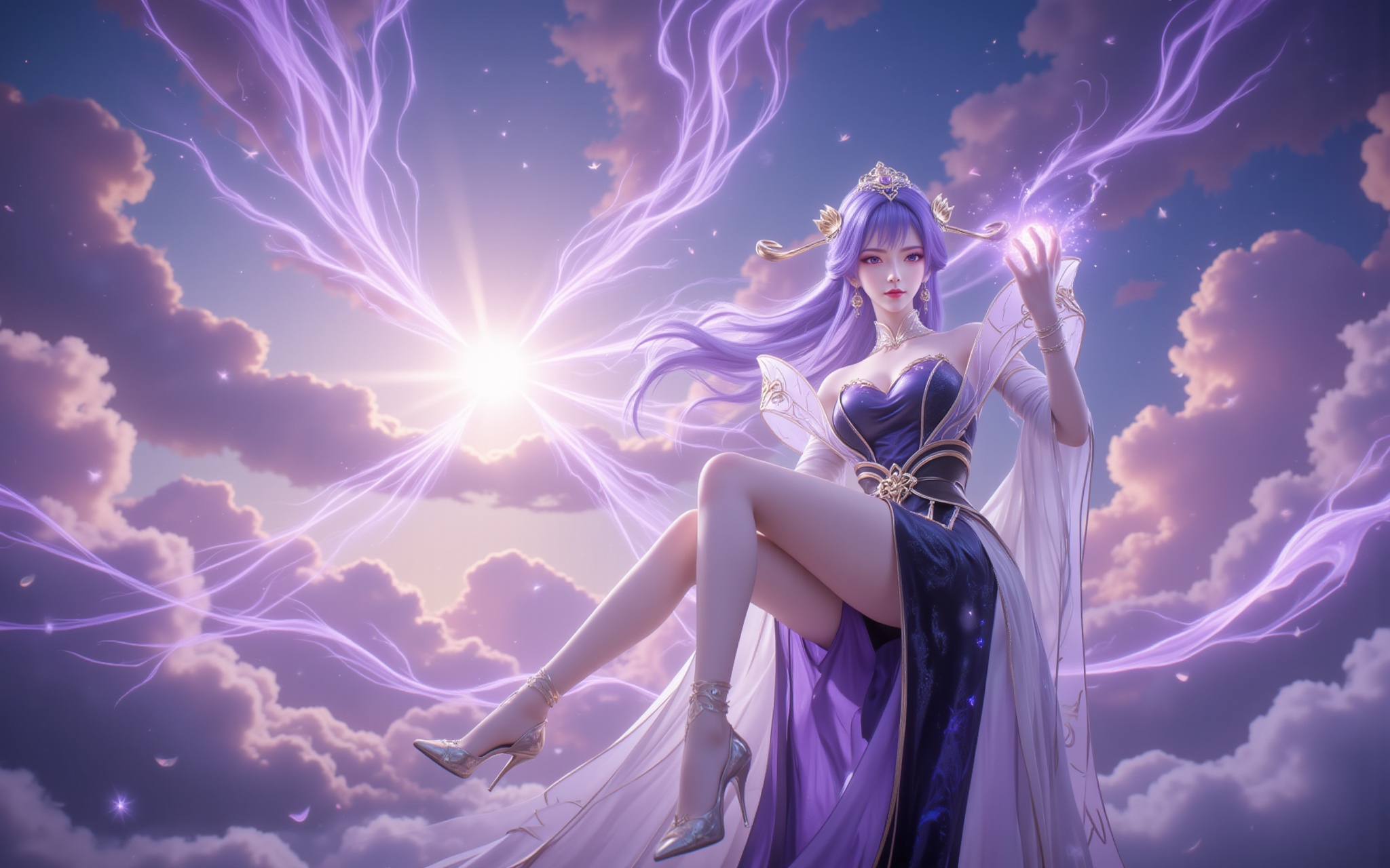 <lora:天穹·8:1.1>,tianqiong,1girl,dress,solo,purple hair,purple eyes,hair ornament,long hair,bare shoulders,The dawn light fractures through the clouds,crowning her in divine amethyst radiance. Violet tresses cascade like nebulae,their diamond-studded ends scattering stardust with every movement. The lavish skirt blooms like midnight irises in the sea of clouds,while crystal heels suspend prismatic halos beneath her silk-stockinged legs.,Cupping a sphere of sunlight in her palms,she floats amidst swirling violet energy that weaves ancient runes in the air. Shot from a reverent low angle,the 8K resolution captures every exquisite detail—from the morning dew on her lashes to the hidden embroidery on her gown—transforming the scene into a living masterpiece.,cover,gradient background,close-up details,outstanding style,adding a touch of dimension to your images without compromising details,close-up,<lora:DJ滤镜_2.5D版:0.2>,lvjing,<lora:滤镜·绚丽多彩·再优化12:0.3>,lvjing,