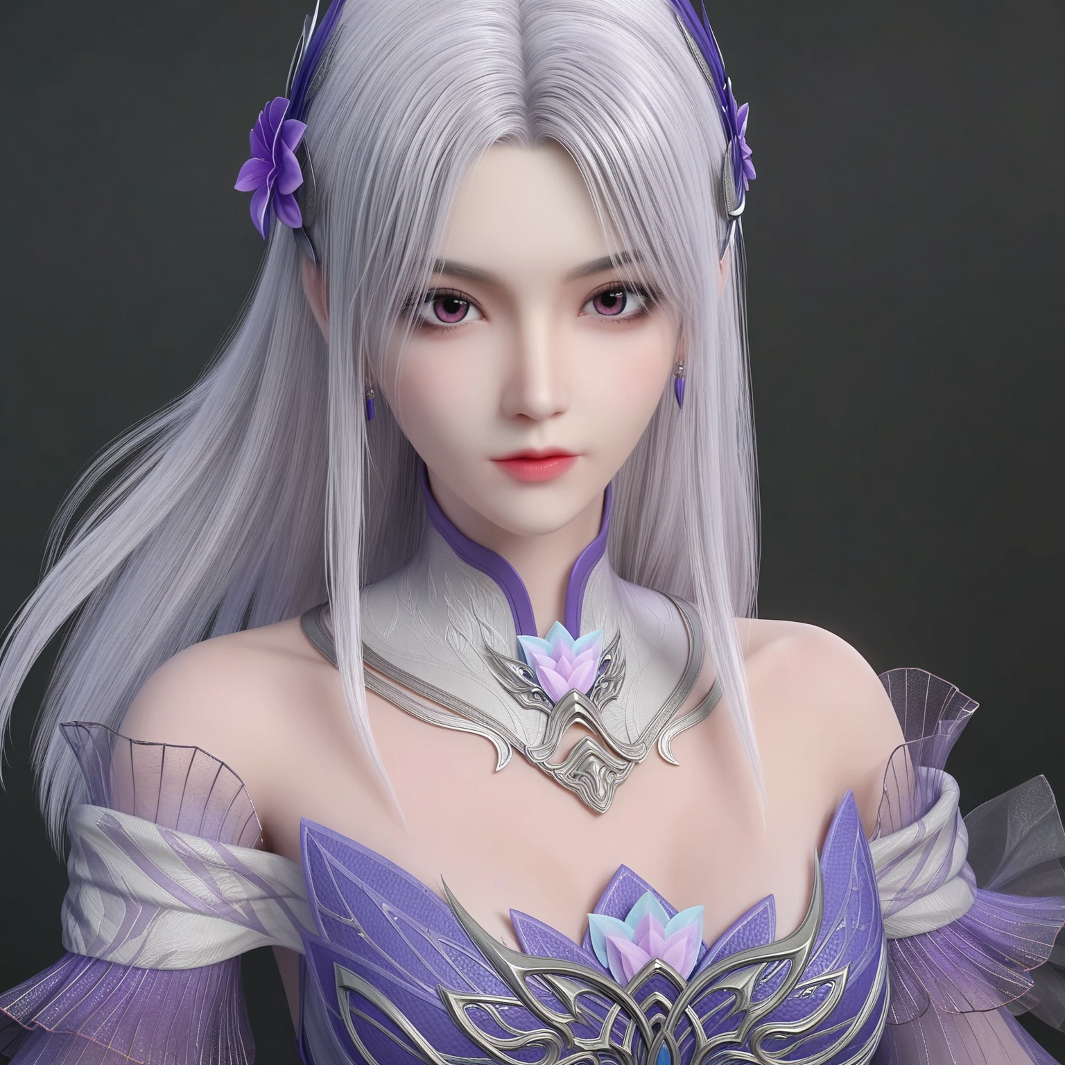 score_9,1girl,solo,<lora:ponyxiaoyixianV3:0.8>,realistic,hair_ornament,long_hair,dress,bare_shoulders,detached_collar,grey_hair,hair_flower,white_hair,breasts,jewelry,detached_sleeves,earrings,white_dress,bangs,see-through,purple_flower,BREAK score_9,upper_body,portrait,shiny_skin,looking at viewer,cinematic lighting,volumetric lighting,solo focus,(huge breasts:0.9),(simple background,pure black background,black background:1.1),