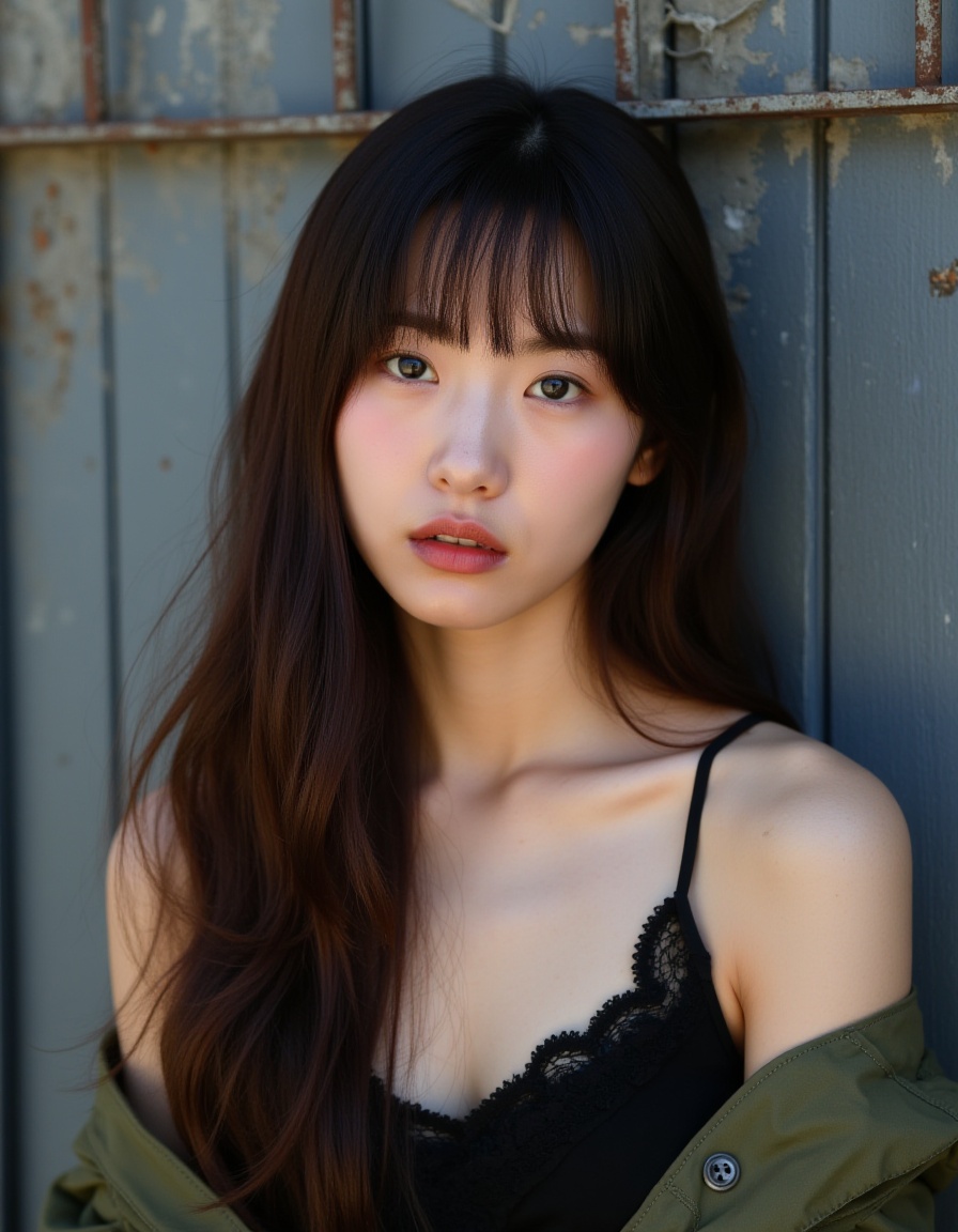 This is a photograph of a young Asian woman with long, wavy brown hair and bangs, styled in a casual, slightly messy look. She has fair skin, full lips with a natural pink hue, and large, expressive brown eyes. She is wearing a black lace top with a green military-style jacket draped over her shoulders. The background features a weathered, grey wooden wall with metal mesh, suggesting an urban, industrial setting. The lighting is soft, highlighting her youthful, innocent face and creating a serene, contemplative mood.