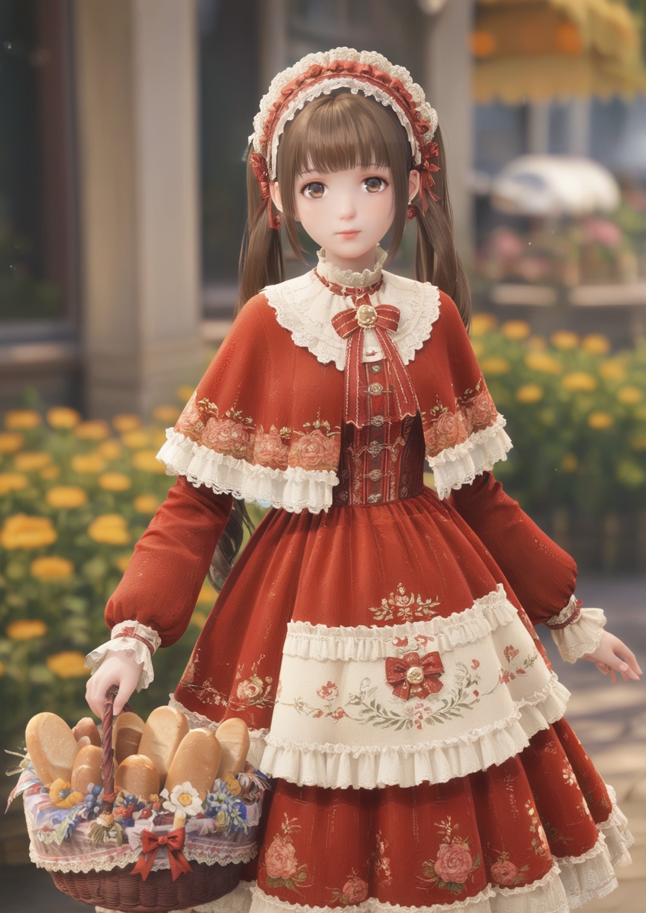 score_10,score_9,score_8_up,score_7_up,1girl,Nikki,basket,bread,solo,food,brown hair,dress,twintails,brown eyes,blurry,blurry background,lolita fashion,baguette,long sleeves,looking at viewer,red dress,holding,holding basket,long hair,outdoors,capelet,floral print,hairband,red capelet,bow,frills,