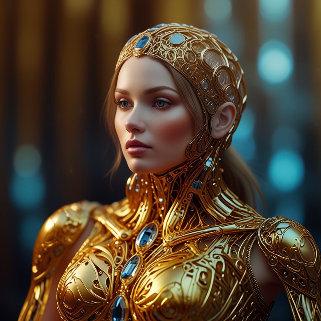 goldintricate This is a highly detailed,  digital CGI artwork depicting a futuristic,  cybernetic woman with a golden on T...