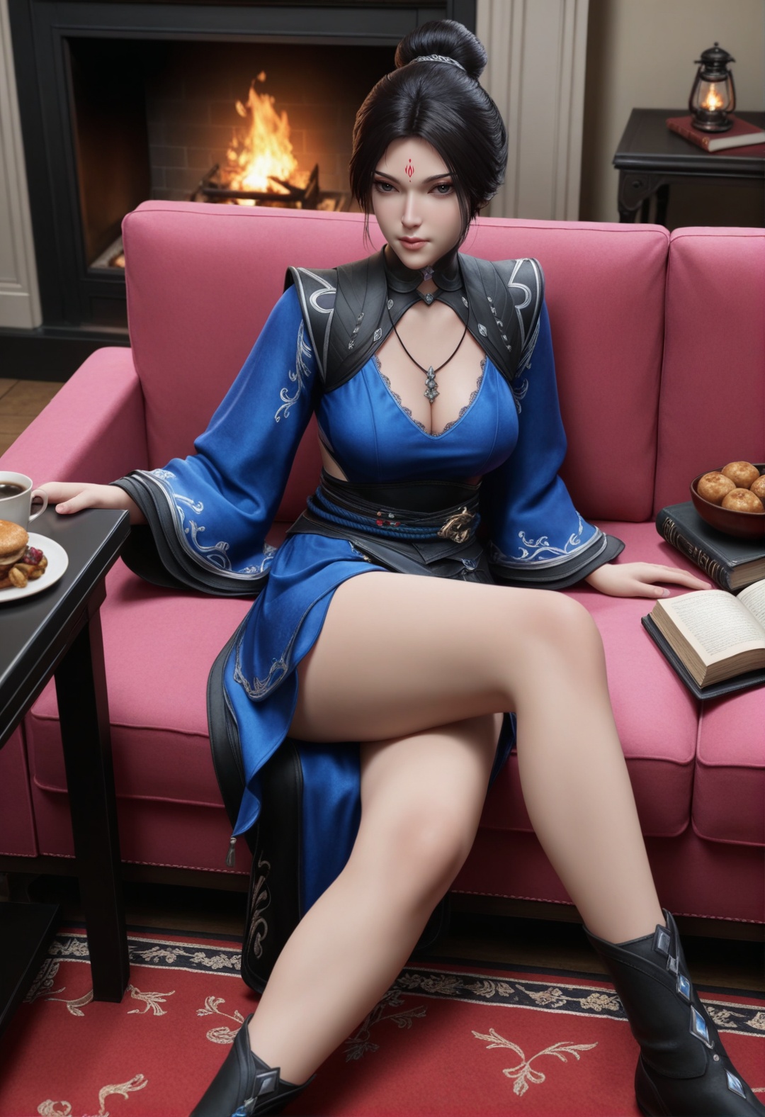 masterpiece,best quality,amazing quality,high resolution,ultra-detailed,absurdres,(looking at viewer:1.1),upper body,(moody lighting:1.1),(large breasts:0.8),1girl,long hair,makeup,BREAKcollarbone,bare shoulders BREAK photorealistic details,indoors,sitting on the carpet,smooth floor,fireplace,flambe,coffee_table,pink sofa,food,item,book,leg lift,<lora:青玉gh:0.8>,black hair,cleavage,dress,facial mark,forehead mark,hair bun,short hair,wide sleeves,snow-white skin,