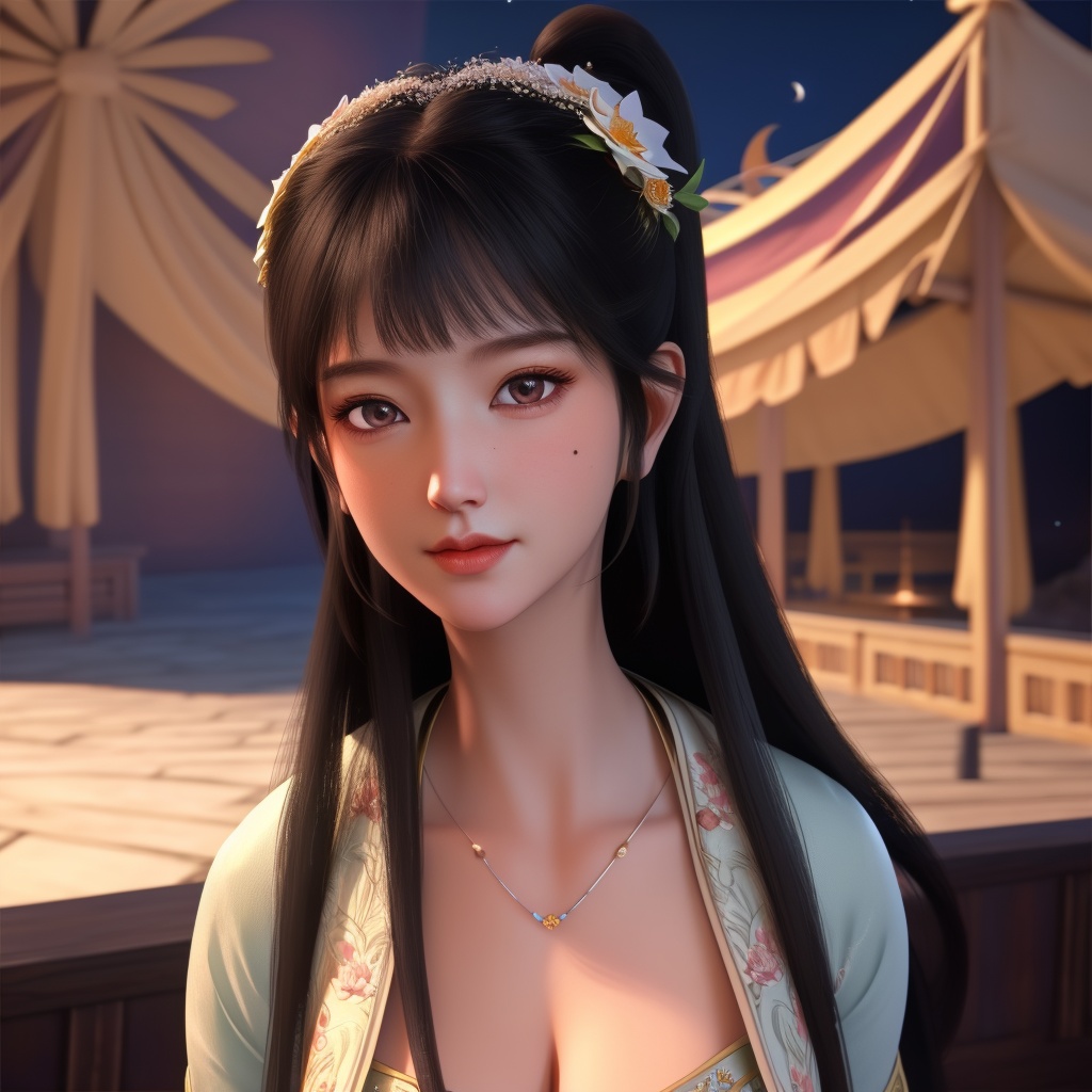 <lora:765-DA-金吾卫-刘小芷:0.8>, (,1girl, ,best quality, ),looking at viewer,  ,,ultra detailed background,ultra detailed background,ultra realistic 8k cg, ,masterpiece, (( , )),, realistic,science fiction,mole, ultra realistic 8k cg, ,     ,crescent moon, jasmine \(flower\),     (cleavage),,  (),