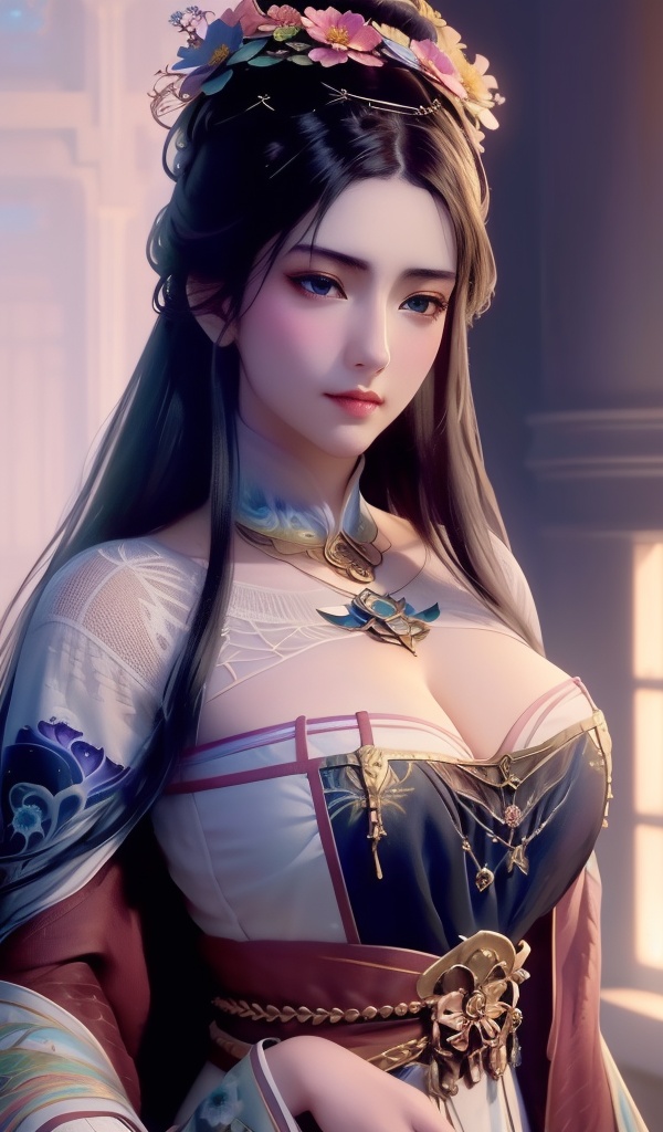 <lora:638-DA-暗河传-白鹤淮-妇人:0.8>(,1girl, ,best quality, ),looking at viewer,,anime,(masterpiece, top quality, best quality, official art, beautiful and aesthetic:1.2), (1girl)	, , (cleavage),extreme detailed,(fractal art:1.3),colorful, flowers ,highest detailed,(by Jeremy Lipking)    (cleavage), (),